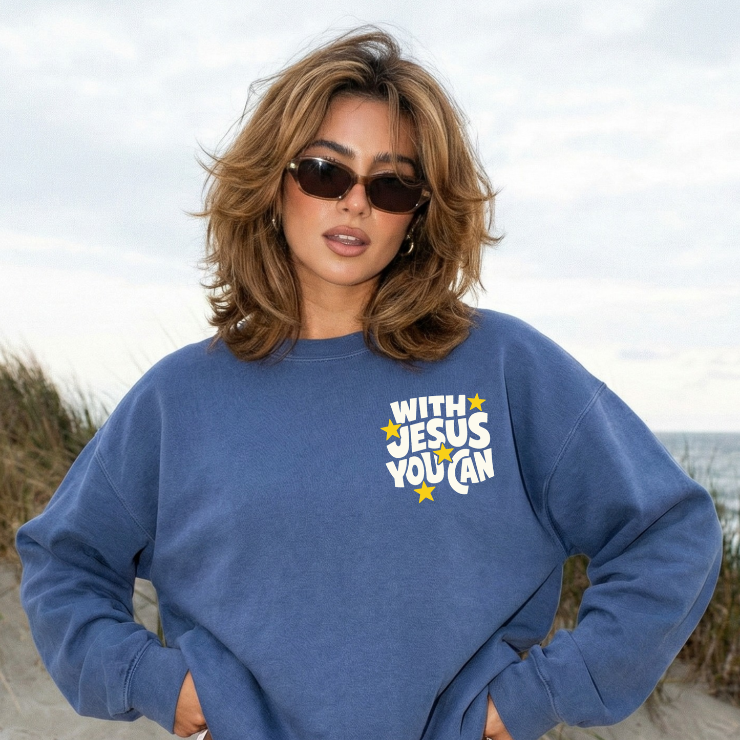 indigo blue christian crewneck sweatshirt with Jesus you can faith graphic trendy oversized fit