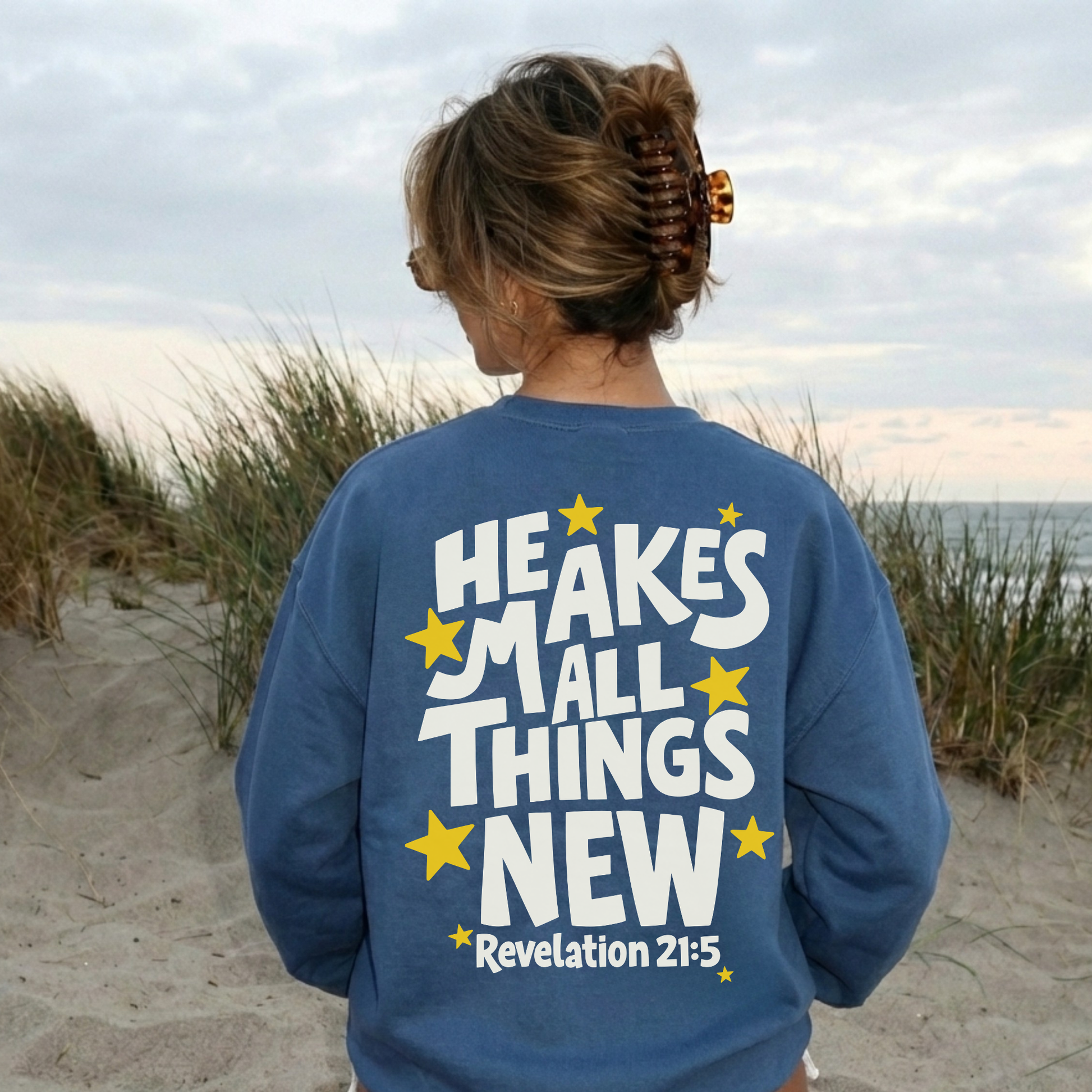 indigo blue christian sweatshirt he makes all things new bible verse revelation 21:5 oversized cozy pullover