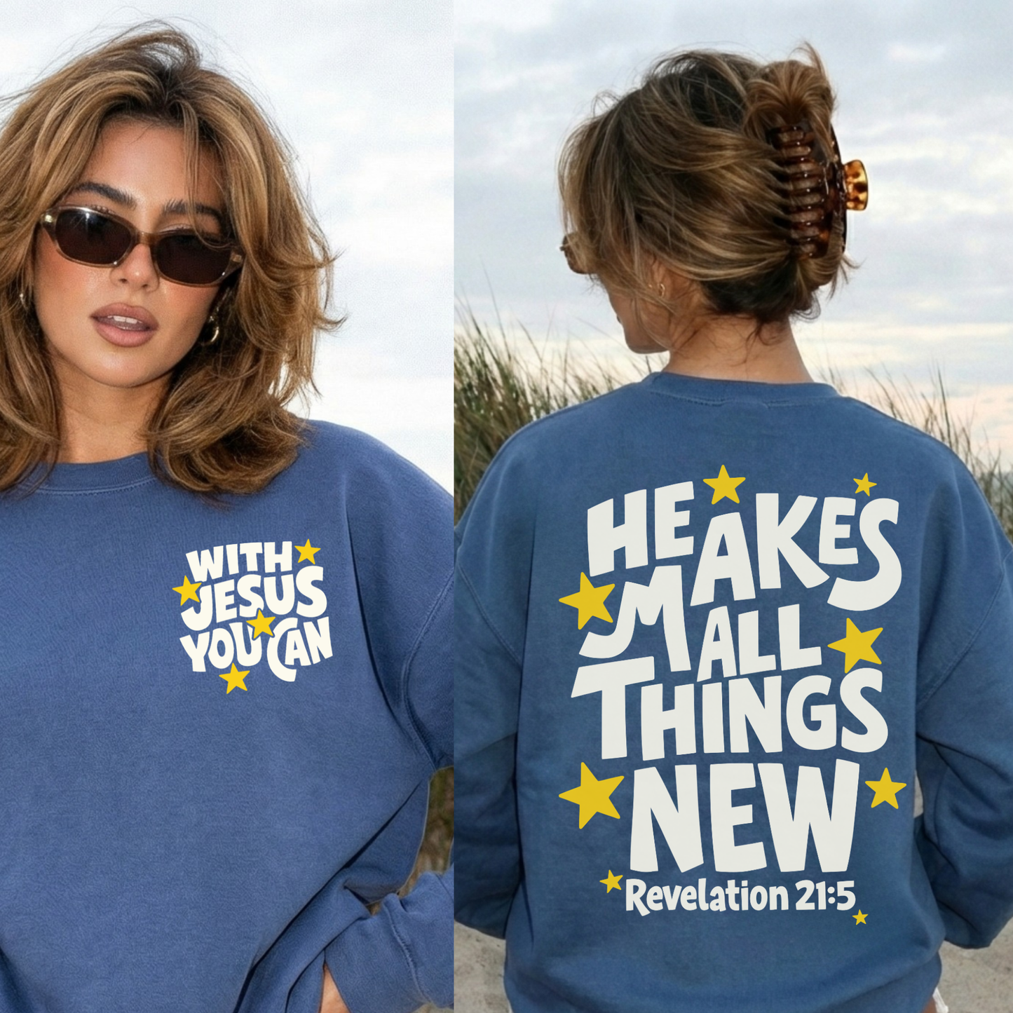 indigo blue faith sweatshirt he makes all things new revelation 21:5 christian graphic crewneck outfit