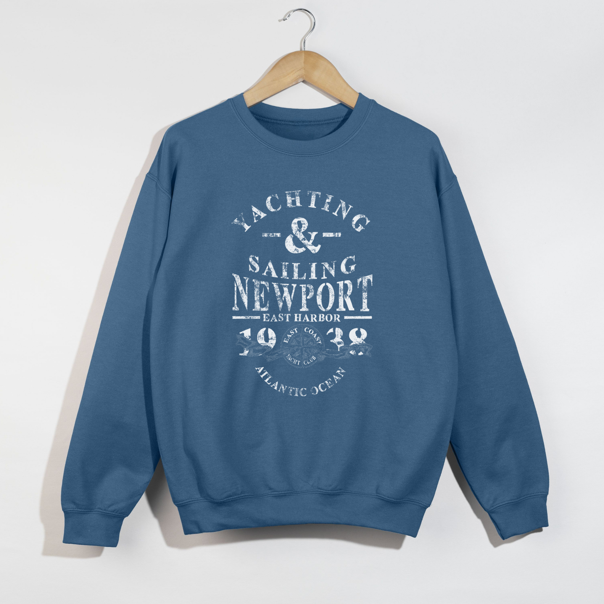 indigo blue coastal sweatshirt yachting sailing newport east harbor vintage graphic crewneck