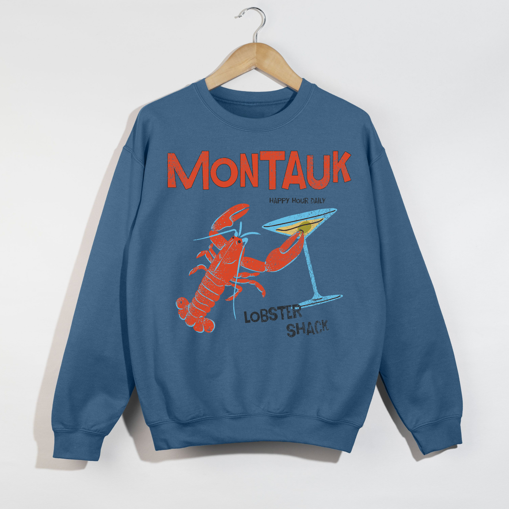 blue montauk lobster graphic sweatshirt coastal beach crewneck vintage style