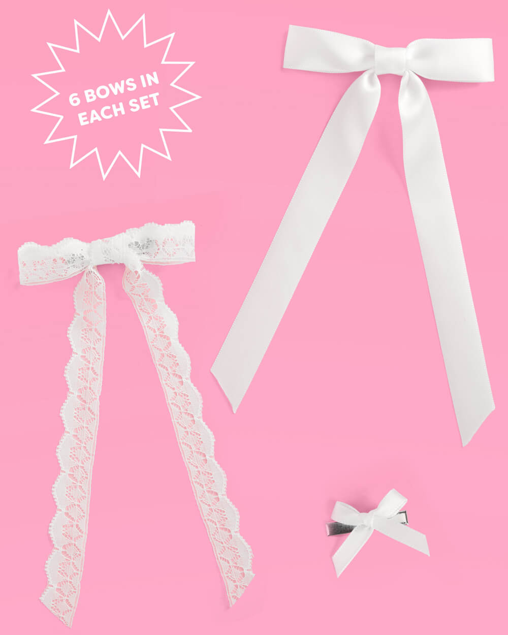 Set of white bows with lace details on a pink background