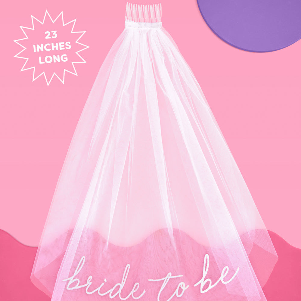 White veil with 'bride to be' text on a pink background
