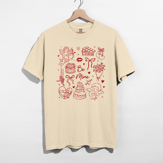 Comfort Colors ivory tee on hanger with red Valentine doodle graphic