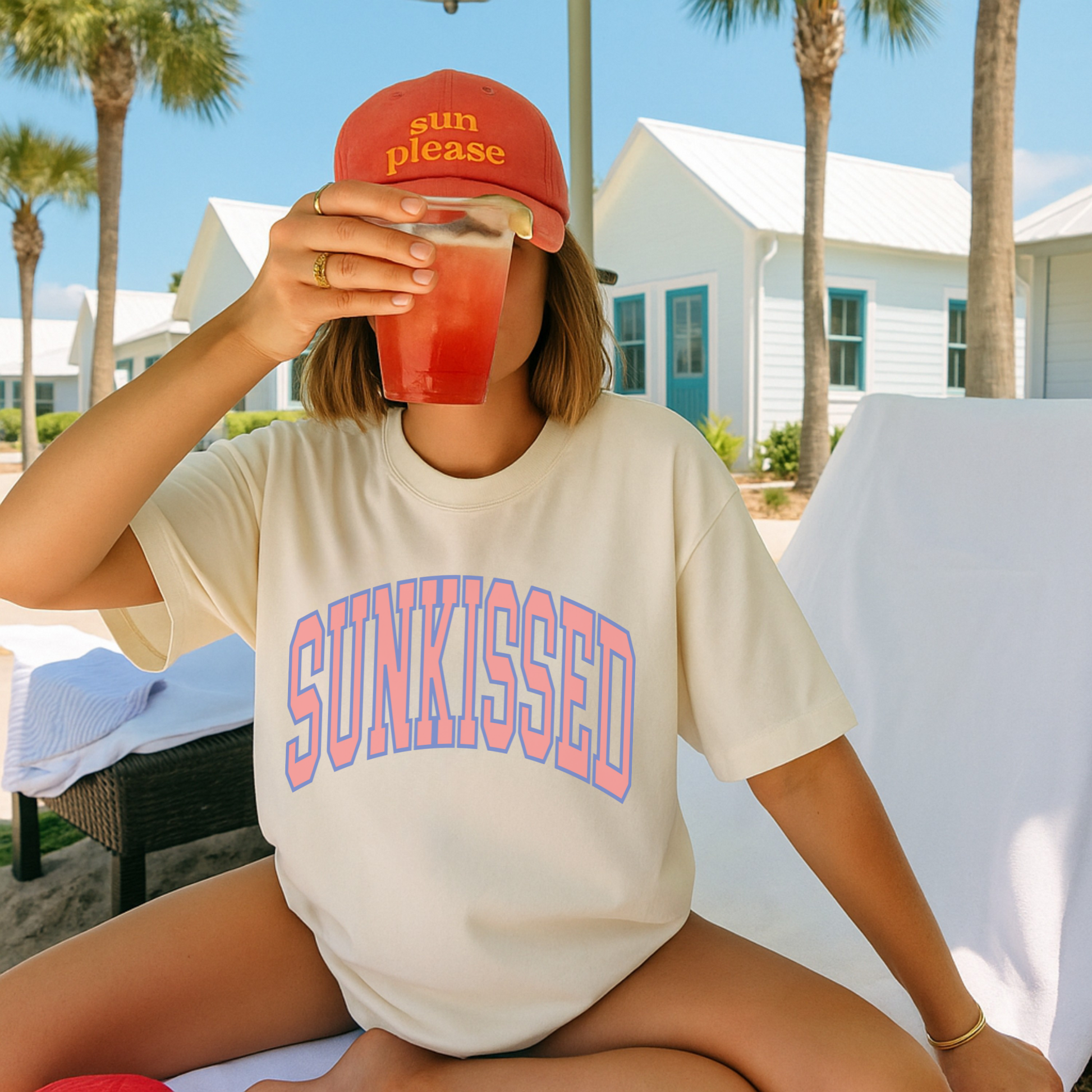 Woman wearing ivory SUNKISSED graphic tee lounging poolside with iced drink, summer vacation outfit inspiration