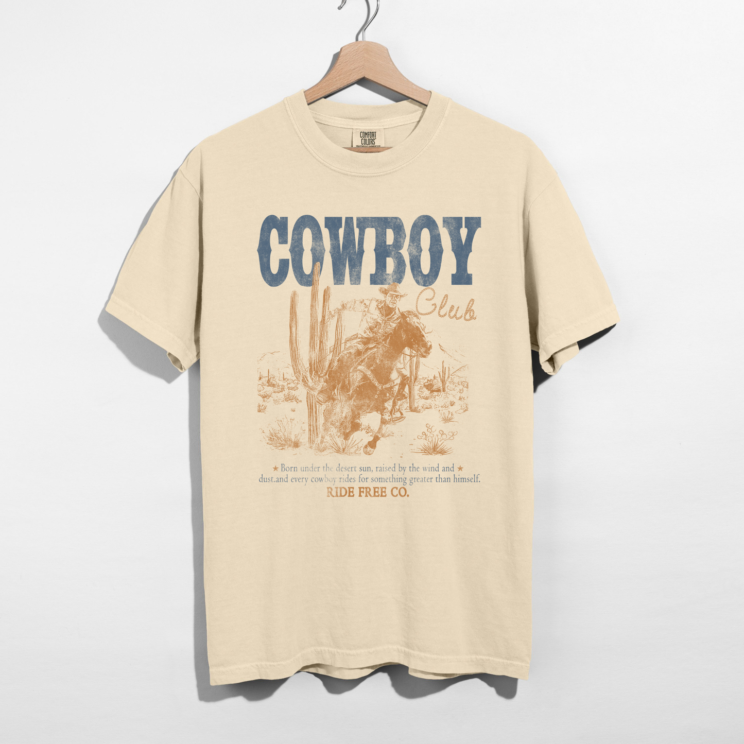 Ivory Comfort Colors cowboy club western graphic t shirt flat lay