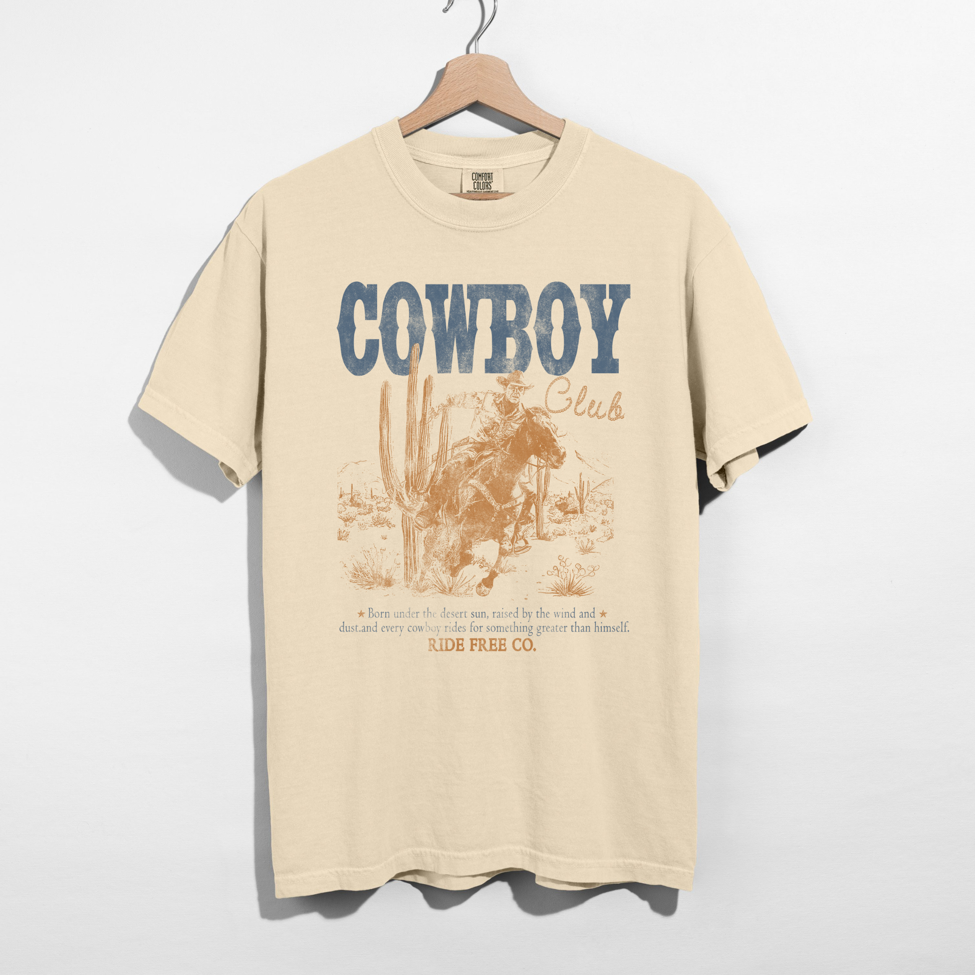 Ivory Comfort Colors cowboy club western graphic t shirt flat lay