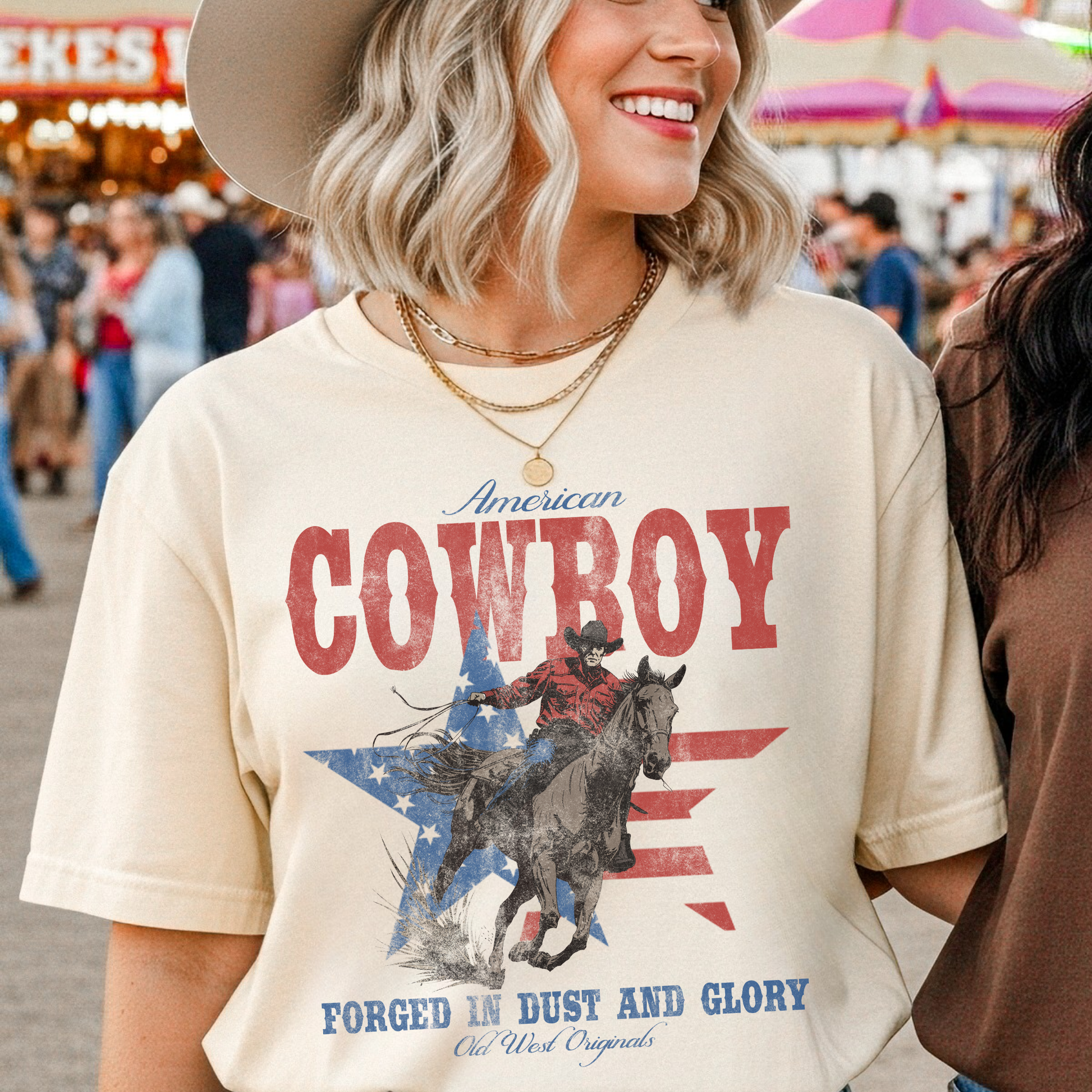 Ivory American Cowboy western graphic t-shirt with distressed rodeo artwork