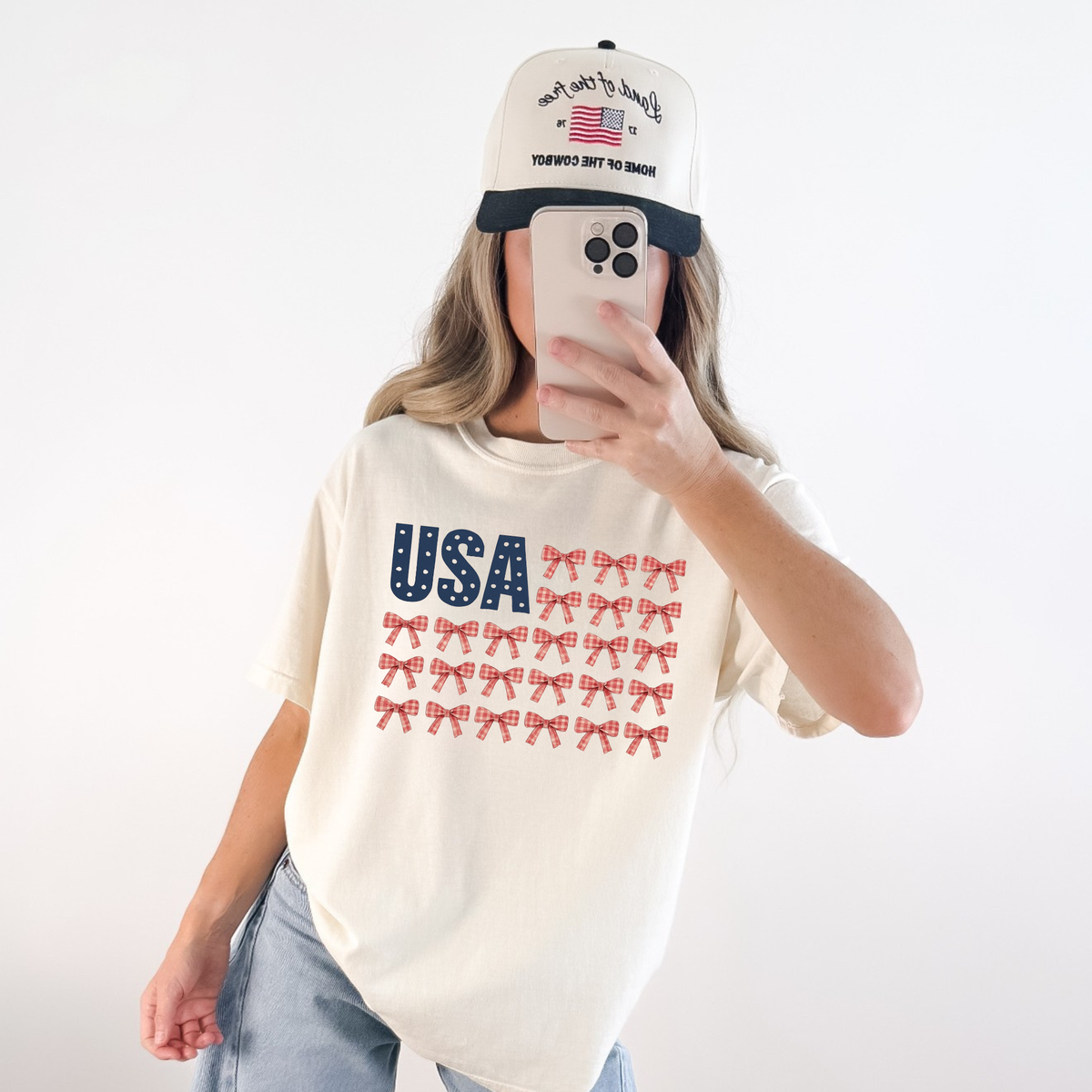 Ivory USA bow flag graphic t-shirt with feminine bow American flag design