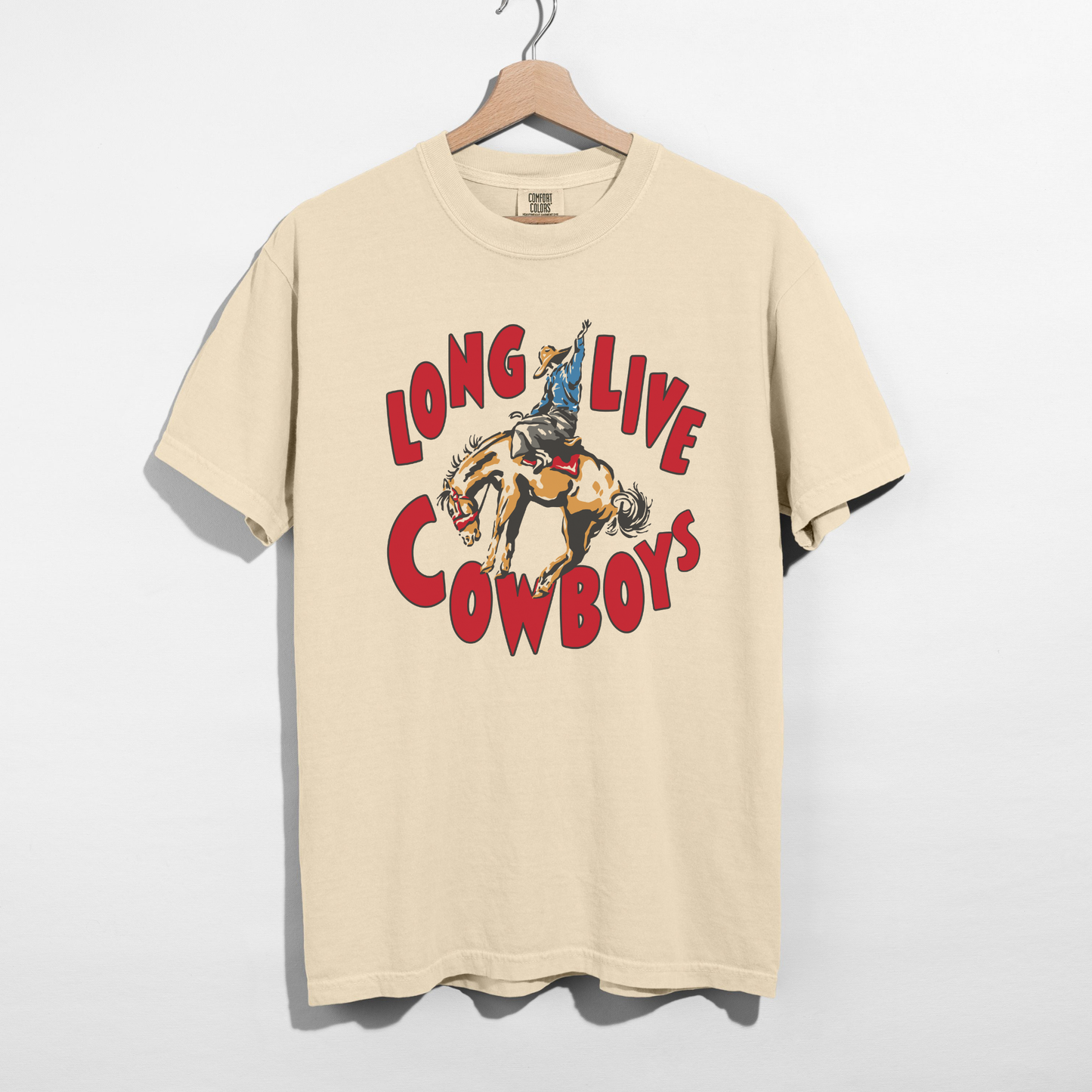 Long Live Cowboys graphic tee in ivory with vintage rodeo cowboy artwork