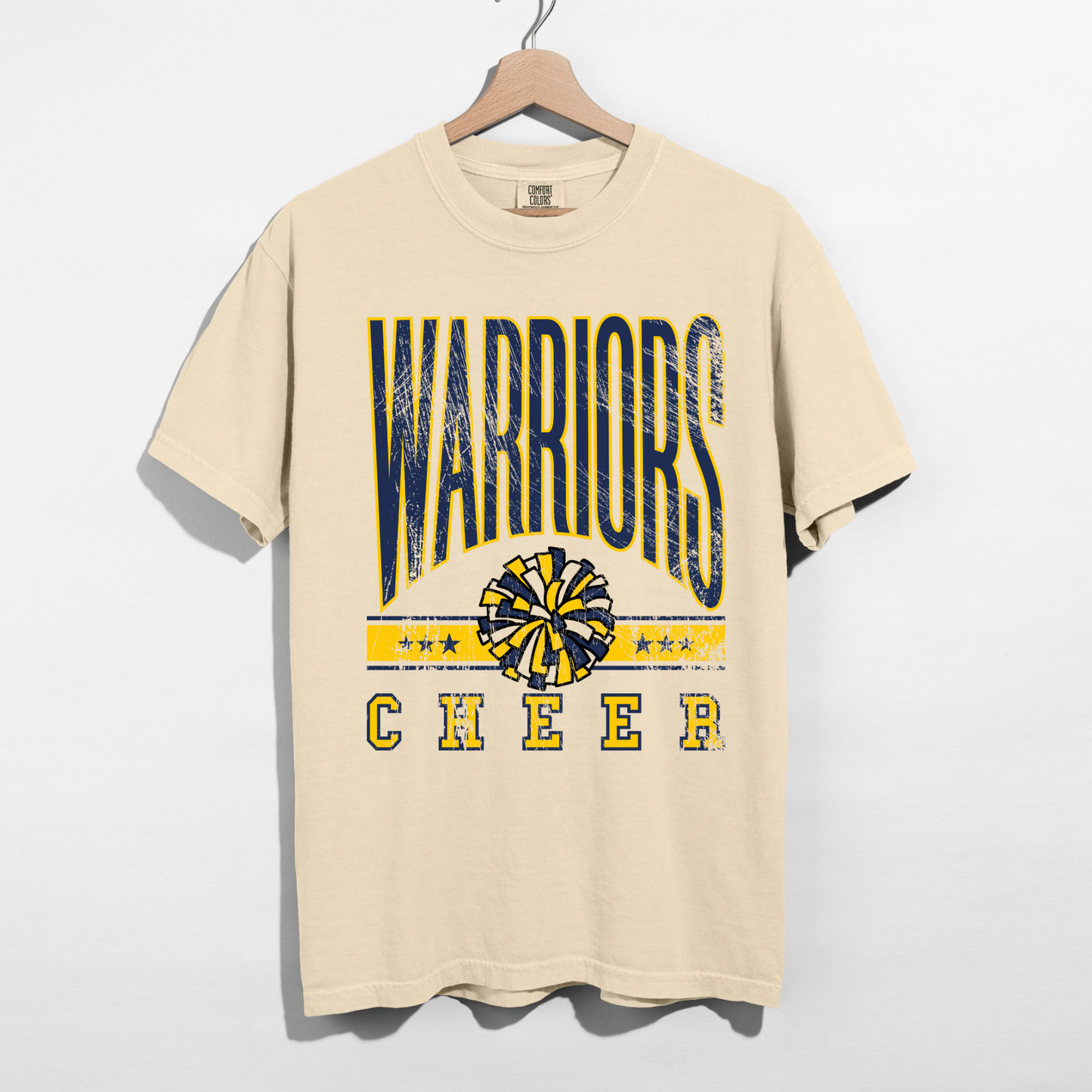 Ivory Warriors Cheer unisex school spirit shirt with vintage lettering and cheer pom graphic