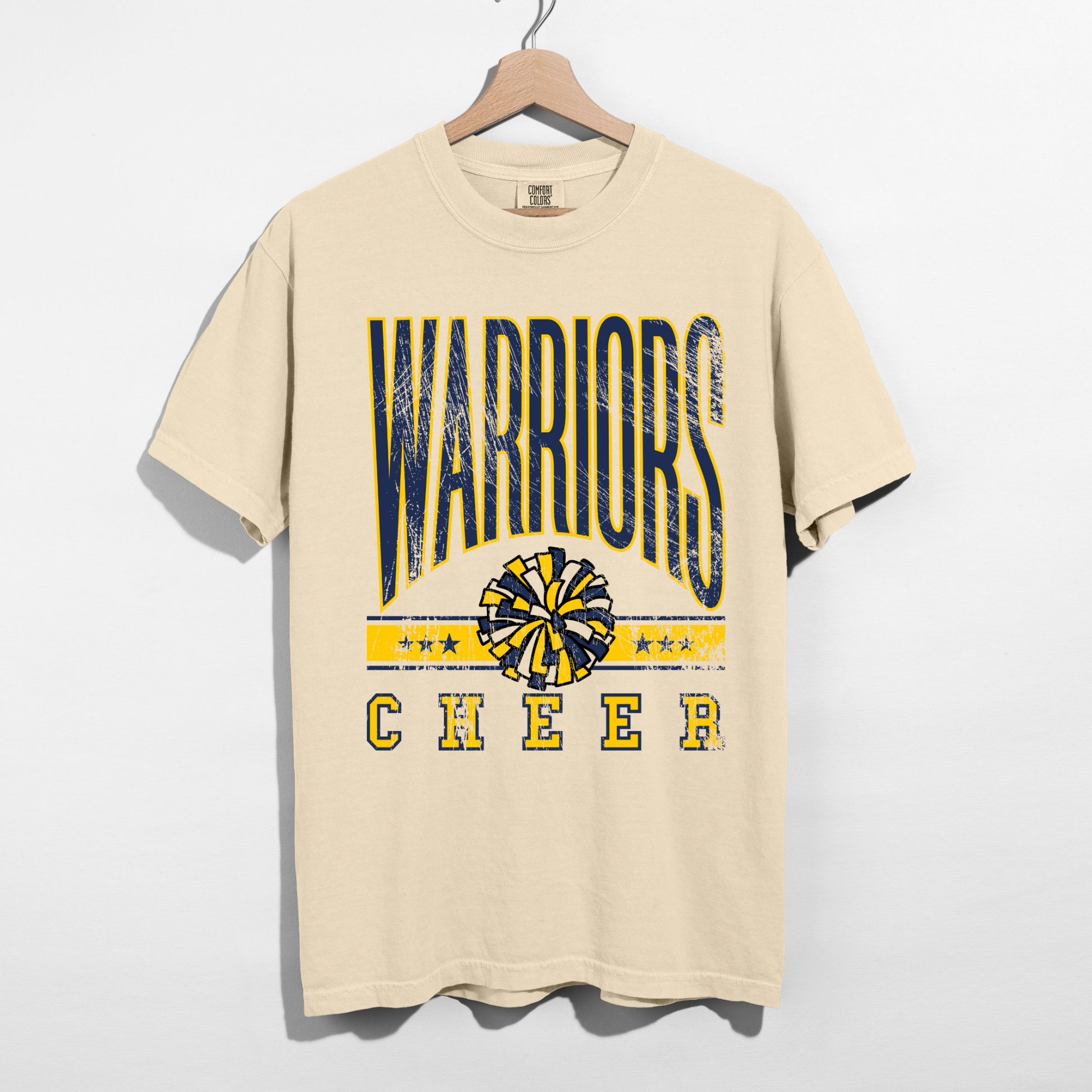 Ivory Warriors Cheer unisex school spirit shirt with vintage lettering and cheer pom graphic