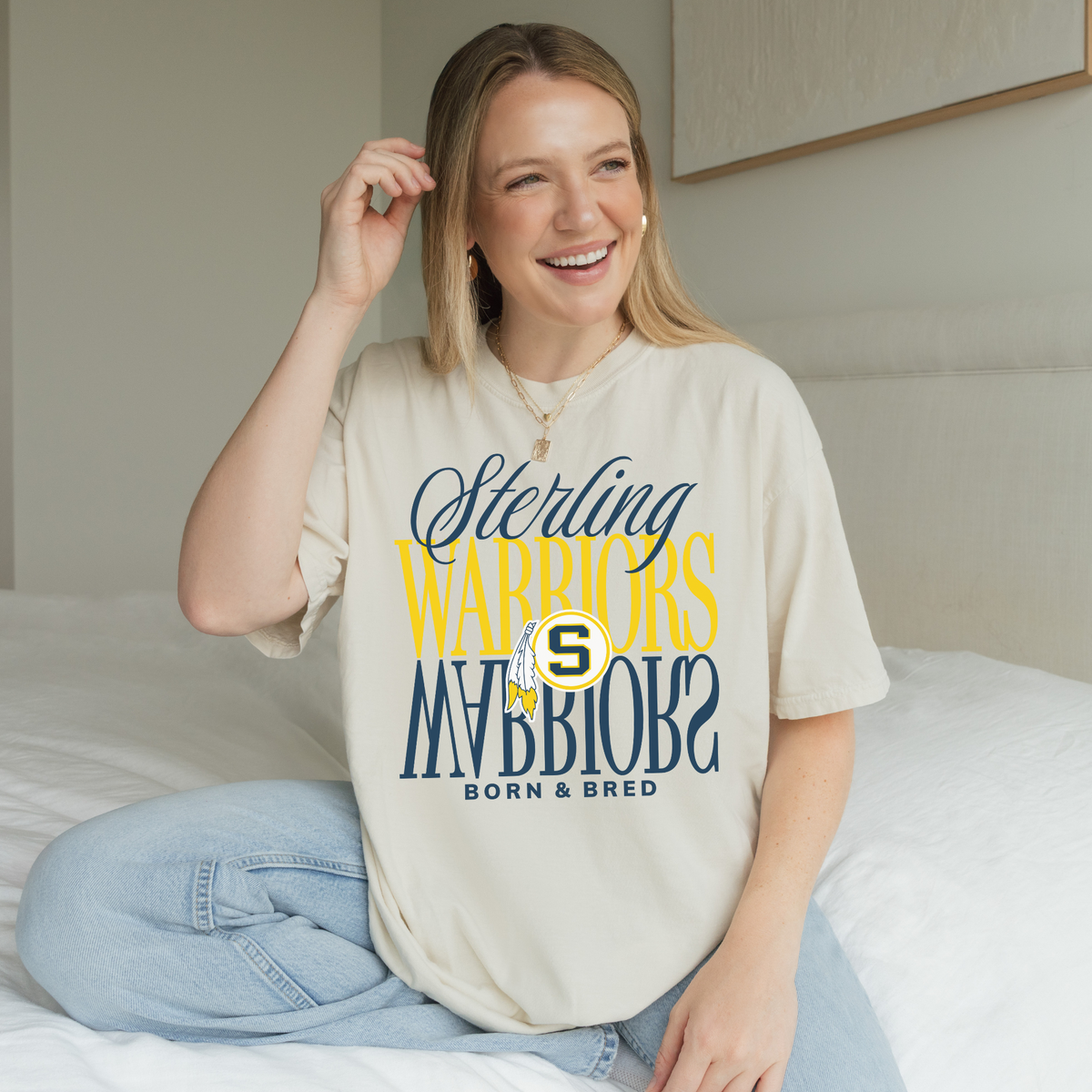 Ivory Sterling Warriors Born and Bred graphic tee with classic school pride design