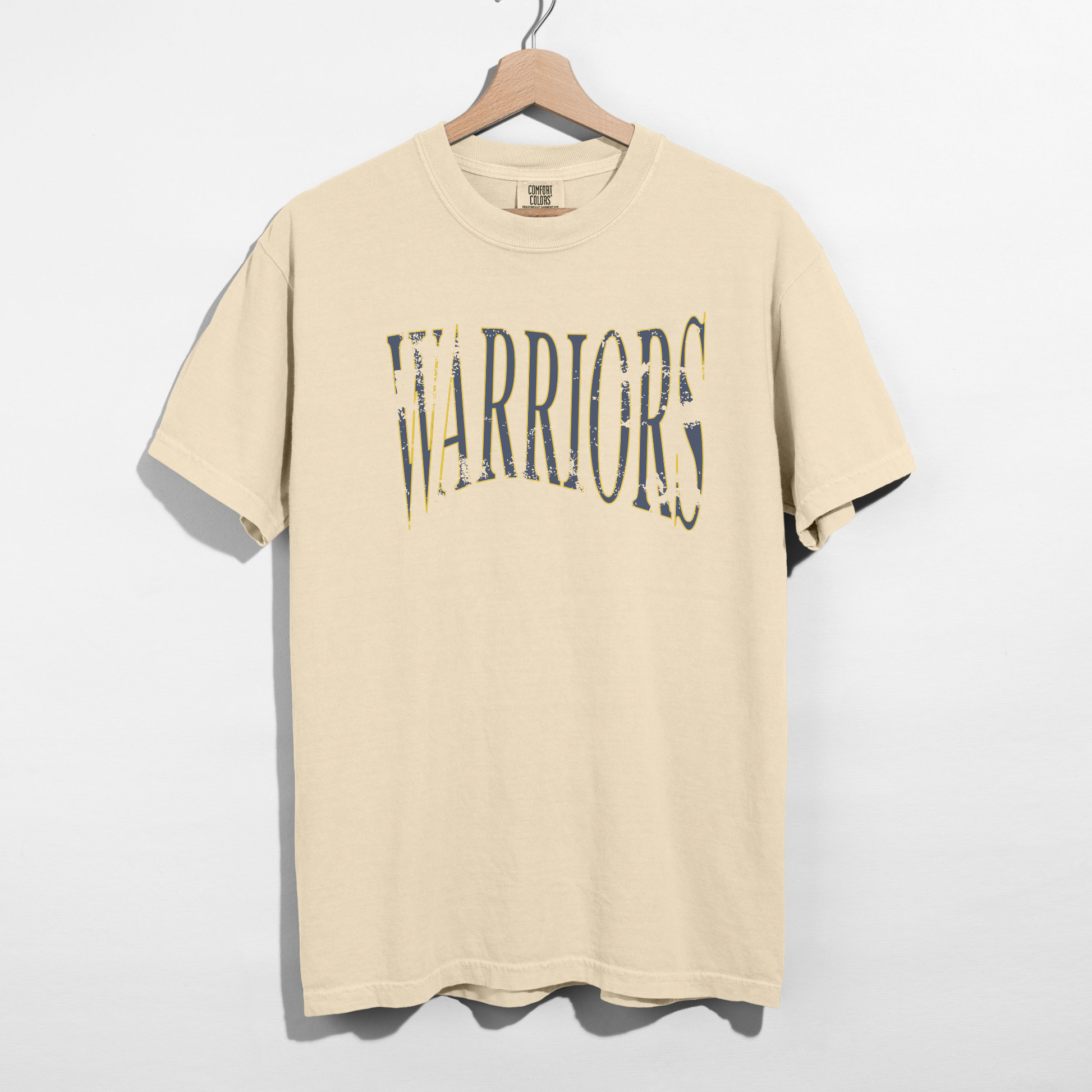 Ivory Sterling Warriors distressed arch unisex school spirit shirt on hanger