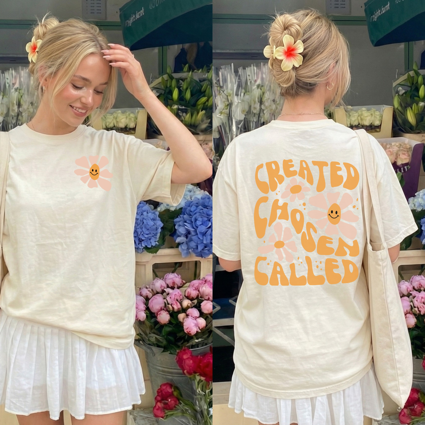 Faith based Created Chosen Called graphic tee in blue jean with floral smiley back design