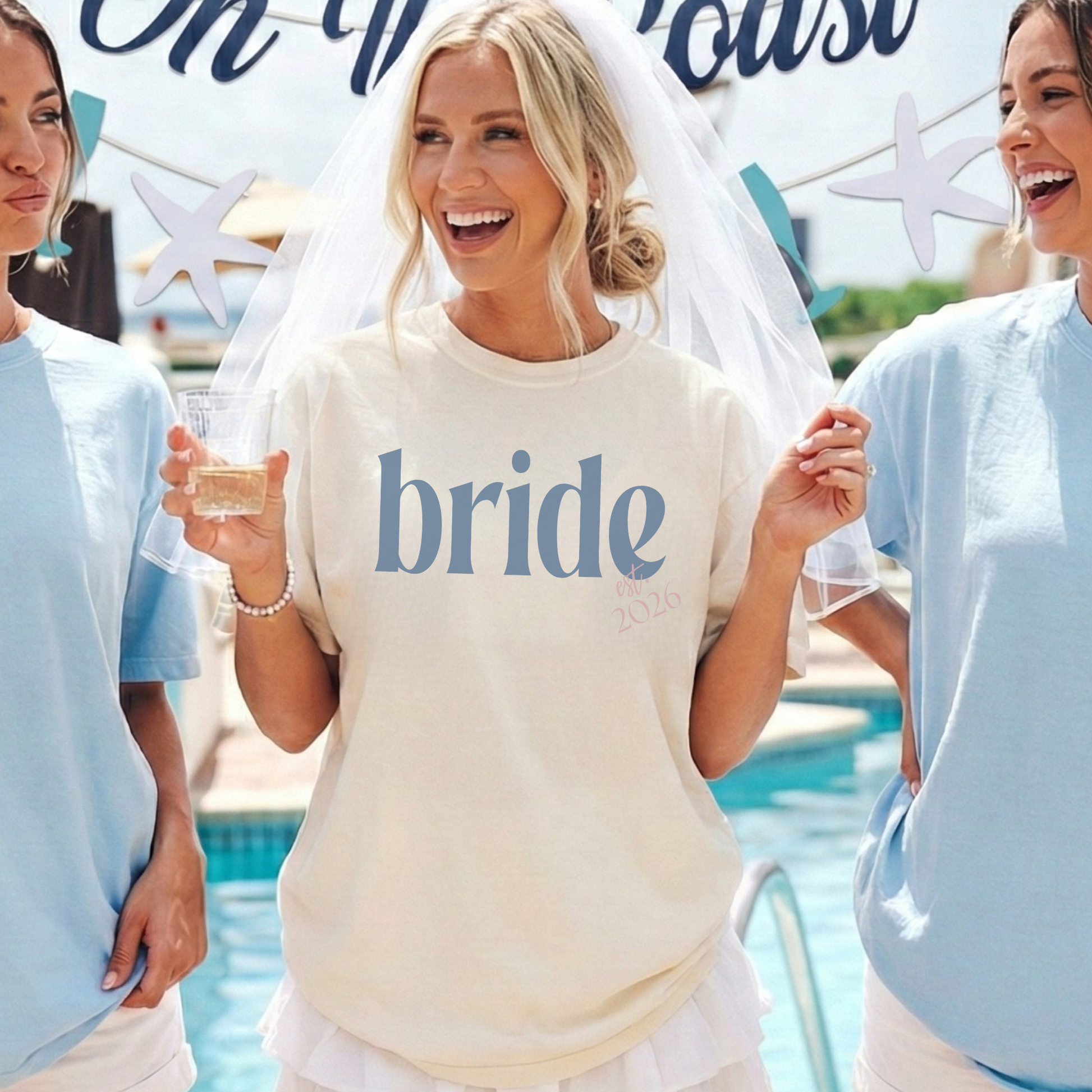 Bride Est. 2026 ivory Comfort Colors t-shirt worn at bridal party celebration