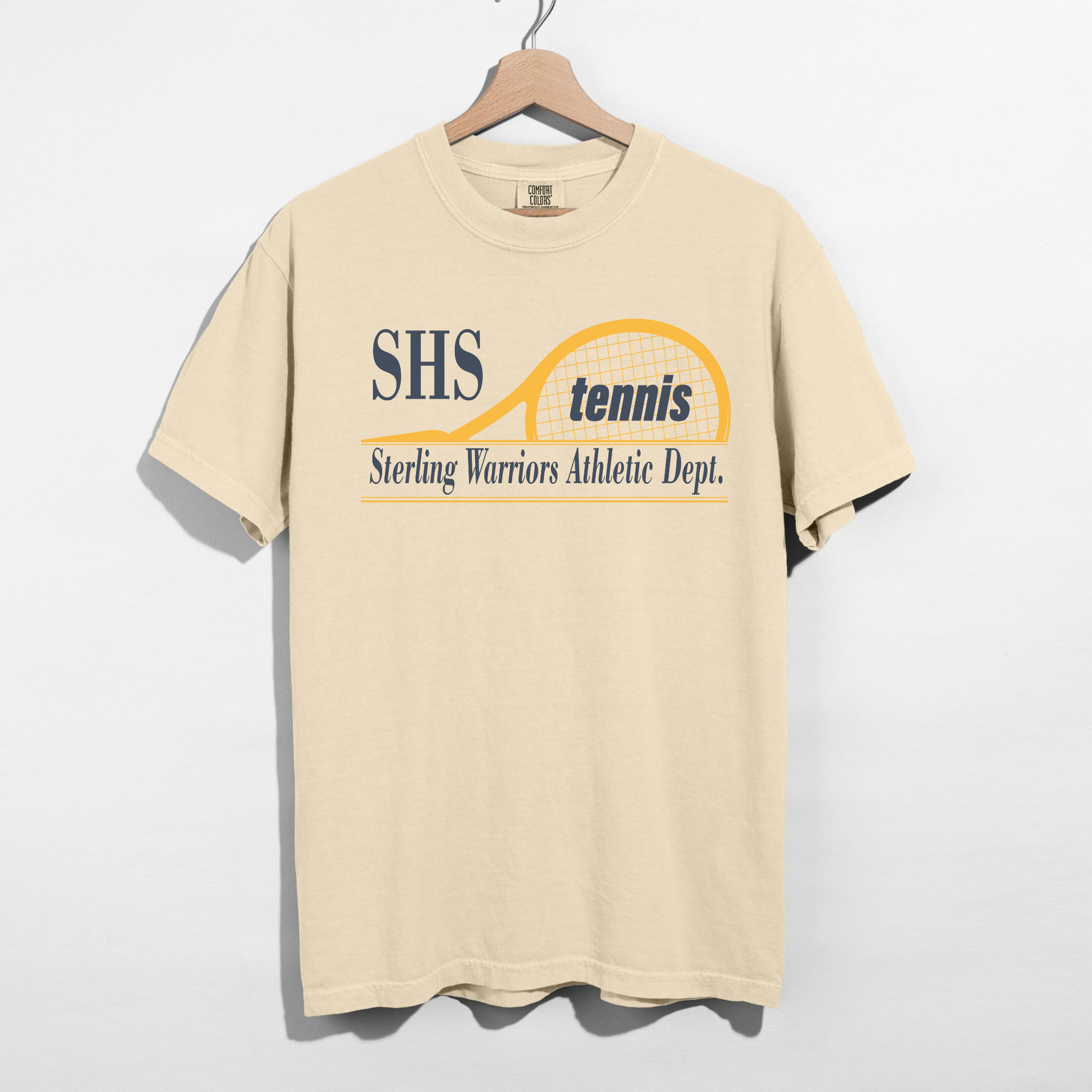 Ivory SHS Tennis graphic t-shirt with retro athletic lettering and tennis racket illustration