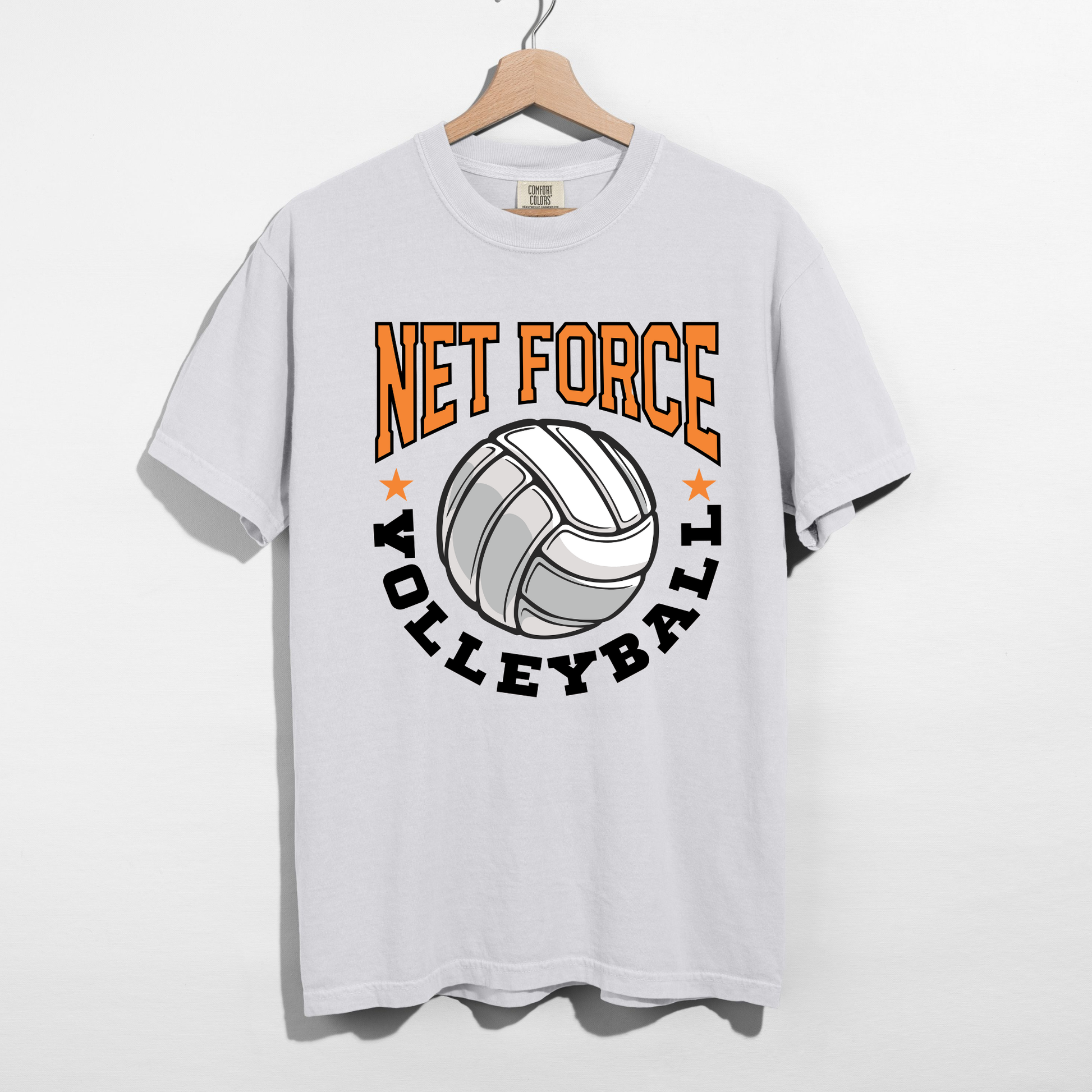 White Net Force Volleyball t-shirt with varsity volleyball graphic