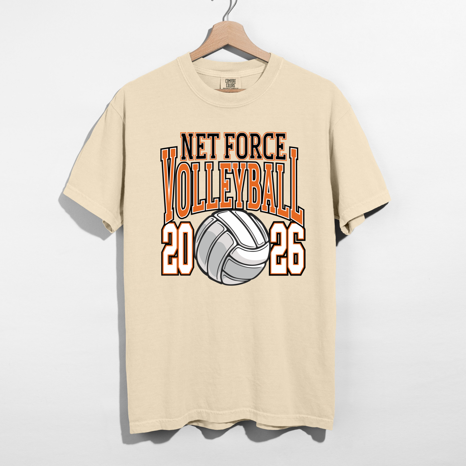 Ivory Net Force Volleyball 2026 t-shirt with varsity lettering