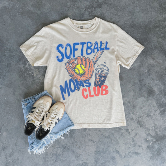 Ivory Softball Moms Club t-shirt with varsity softball glove and iced coffee graphic