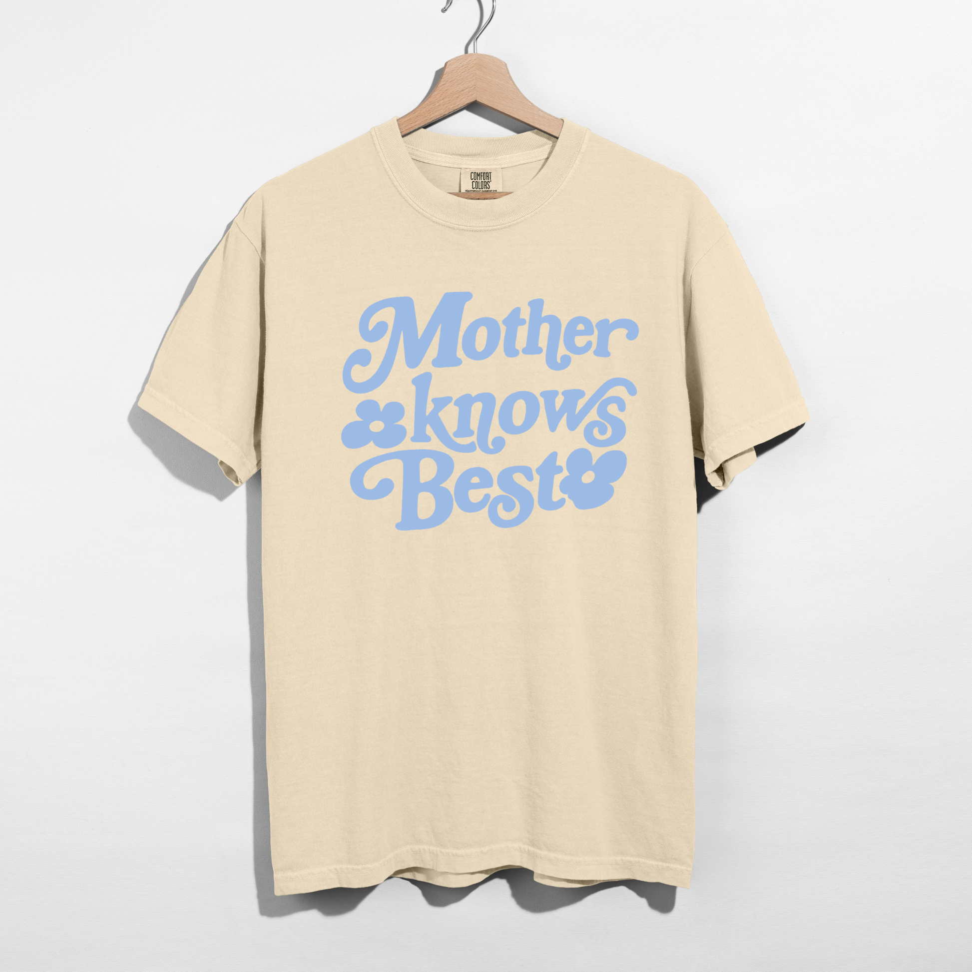 Mother Knows Best retro pastel graphic on ivory Comfort Colors graphic tee