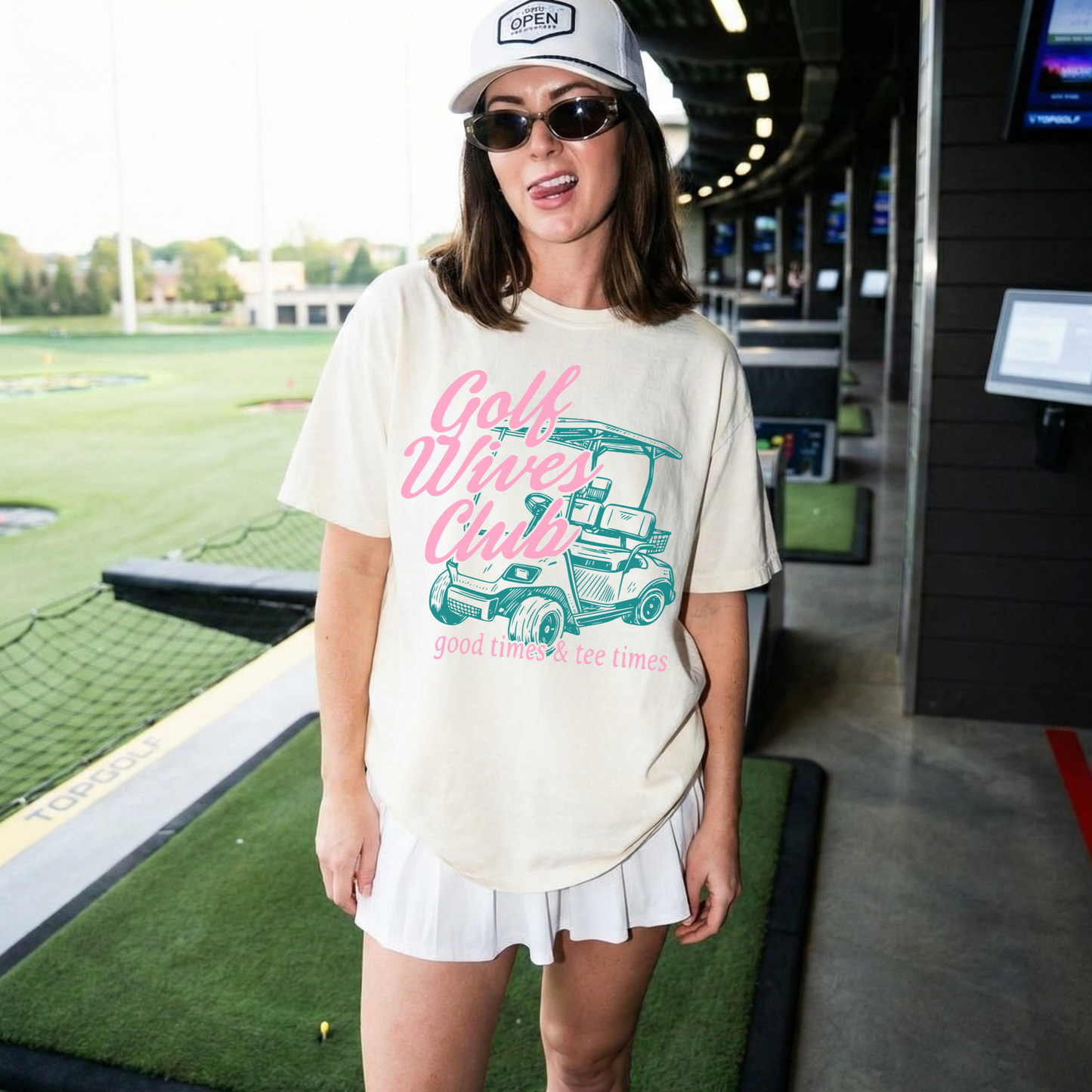Ivory Golf Wives Club tee with golf cart graphic trendy golf outfit