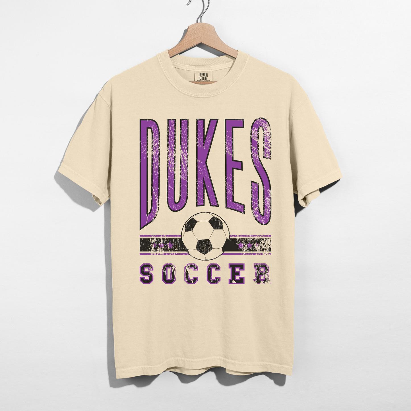 dukes soccer graphic tee ivory shirt front view soccer spirit wear