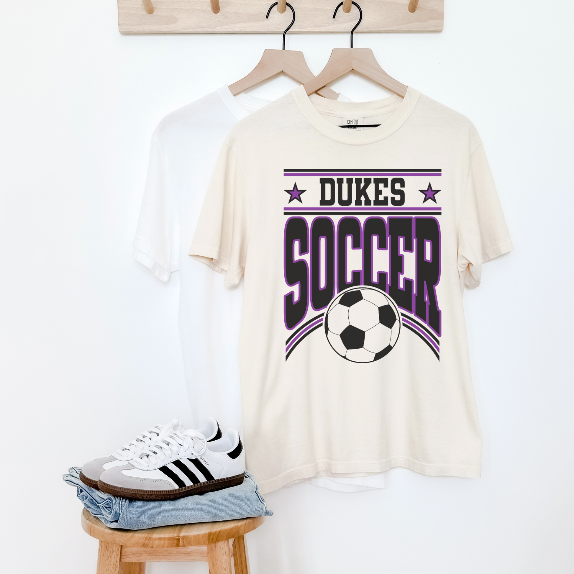 dukes soccer outfit styled shirt with sneakers and denim casual game day look