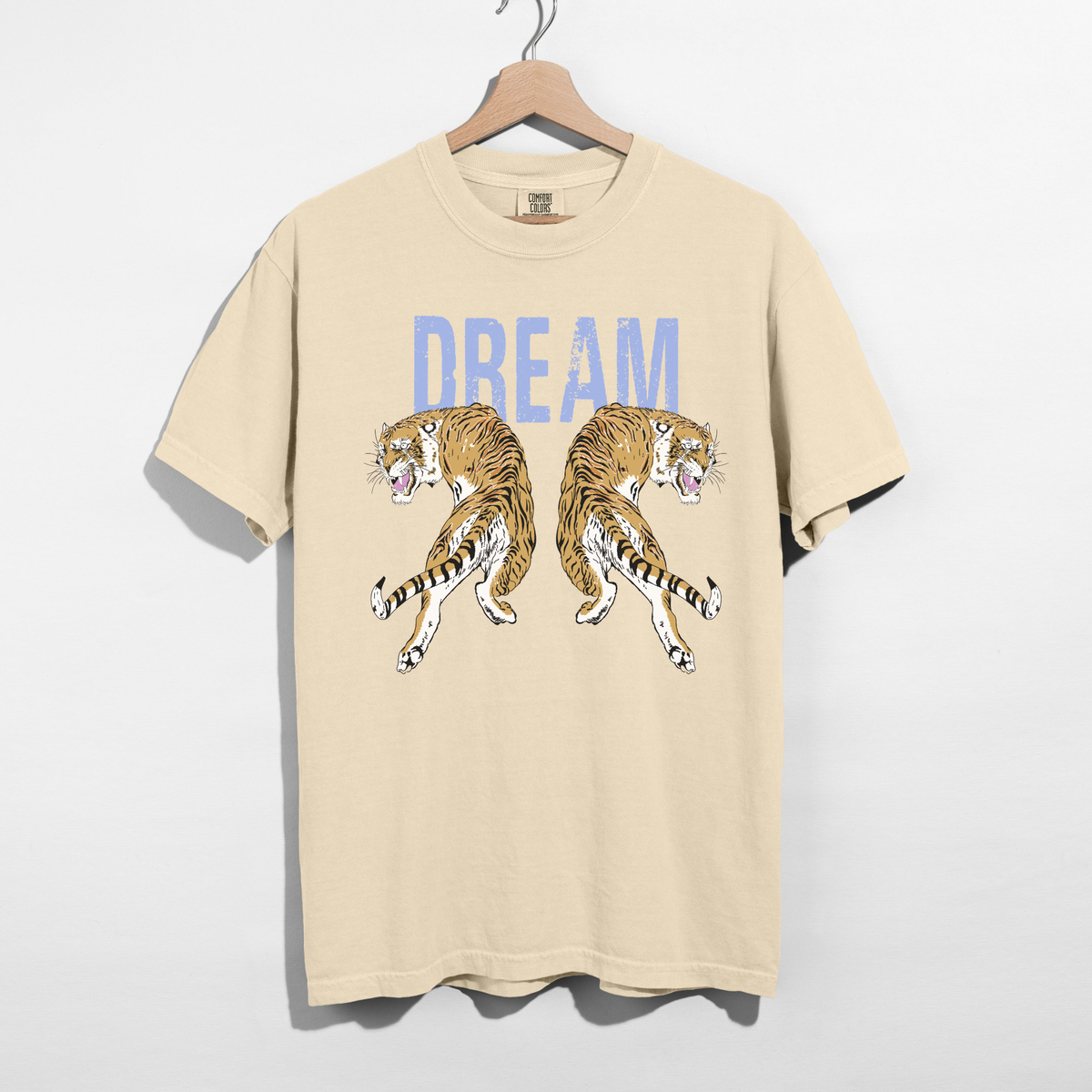 Ivory Dream Tiger tee with bold tiger graphic and relaxed unisex fit