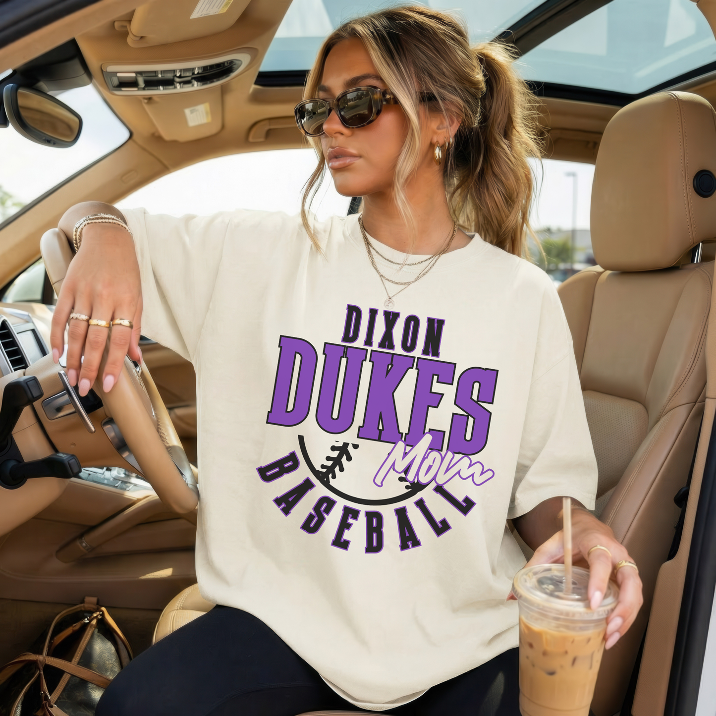 Ivory Dixon Dukes Baseball Mom shirt styled in car with sunglasses iced coffee casual game day outfit
