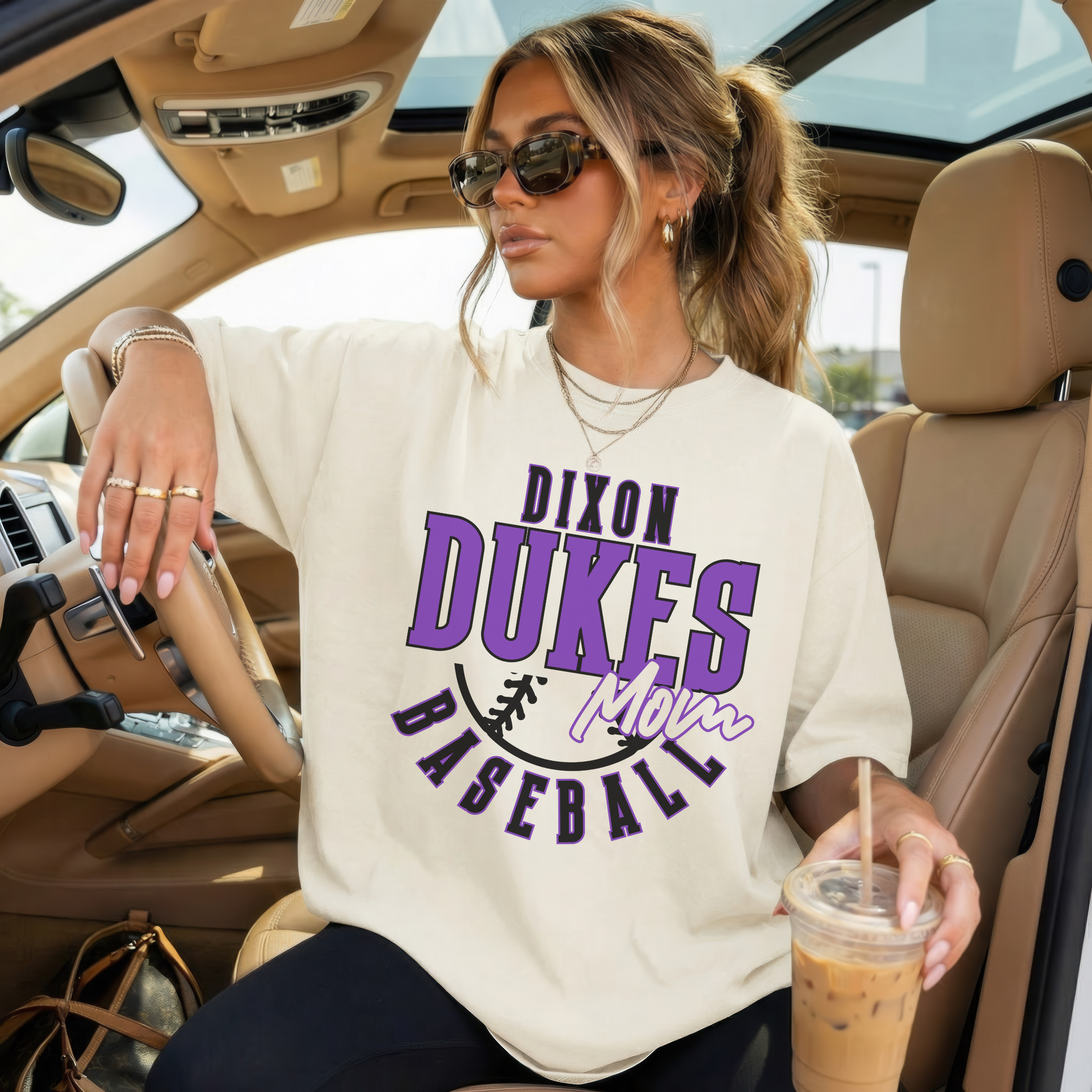 Ivory Dixon Dukes Baseball Mom shirt styled in car with sunglasses iced coffee casual game day outfit