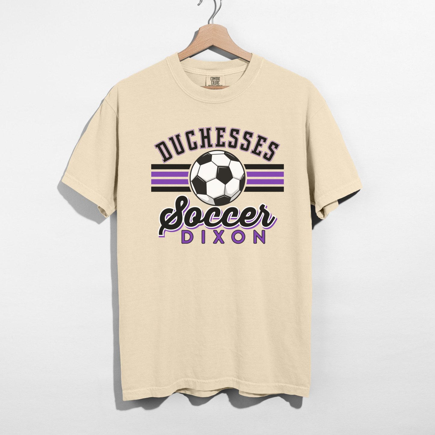 Duchesses Soccer Dixon purple black soccer design on ivory Comfort Colors shirt