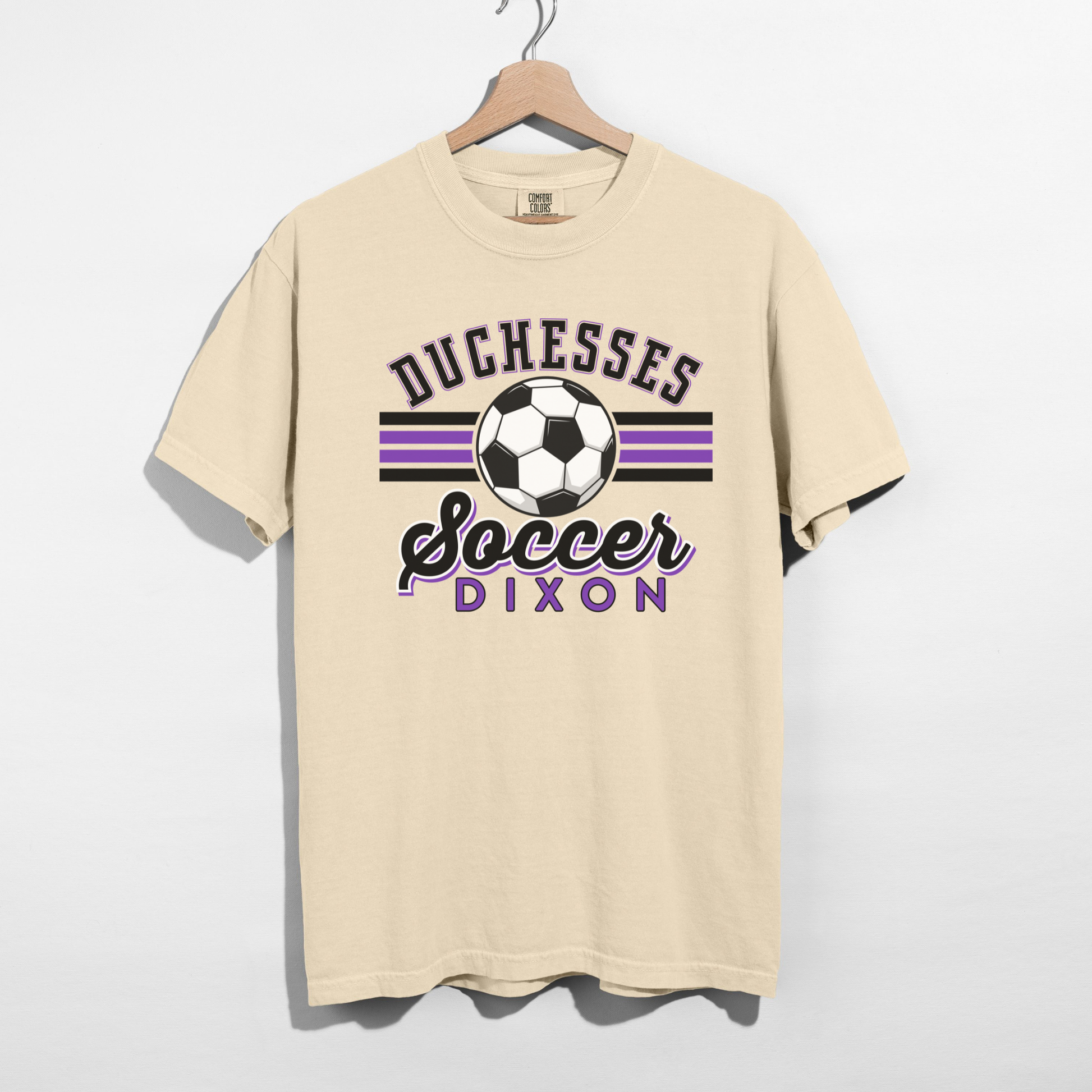 Duchesses Soccer Dixon purple black soccer design on ivory Comfort Colors shirt