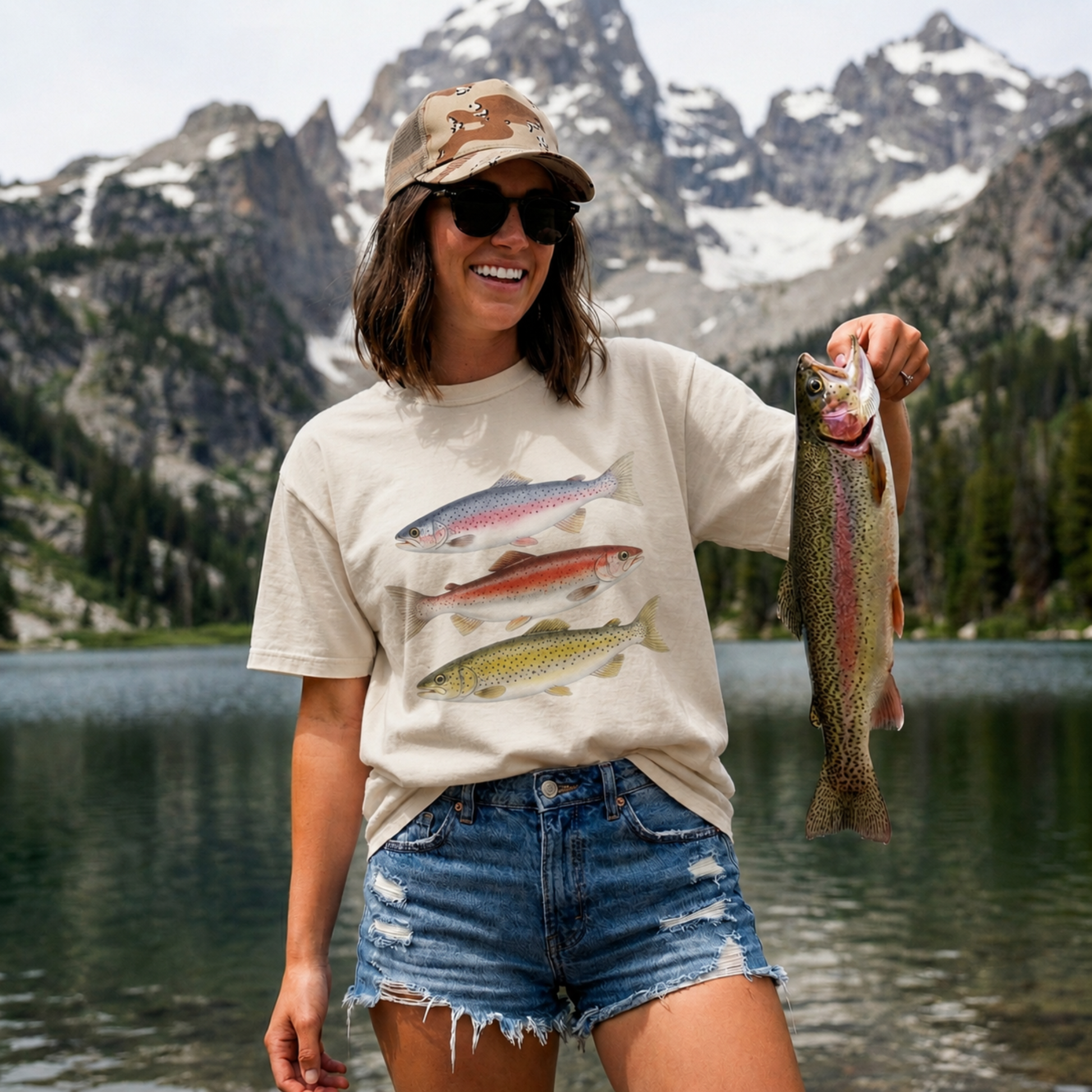 Woman wearing vintage trout fishing graphic t-shirt while holding a rainbow trout beside a mountain lake