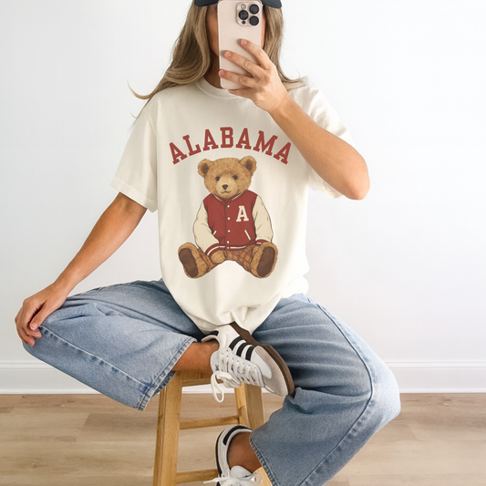 Alabama Teddy Bear Graphic Tee – Vintage Collegiate Gameday Shirt