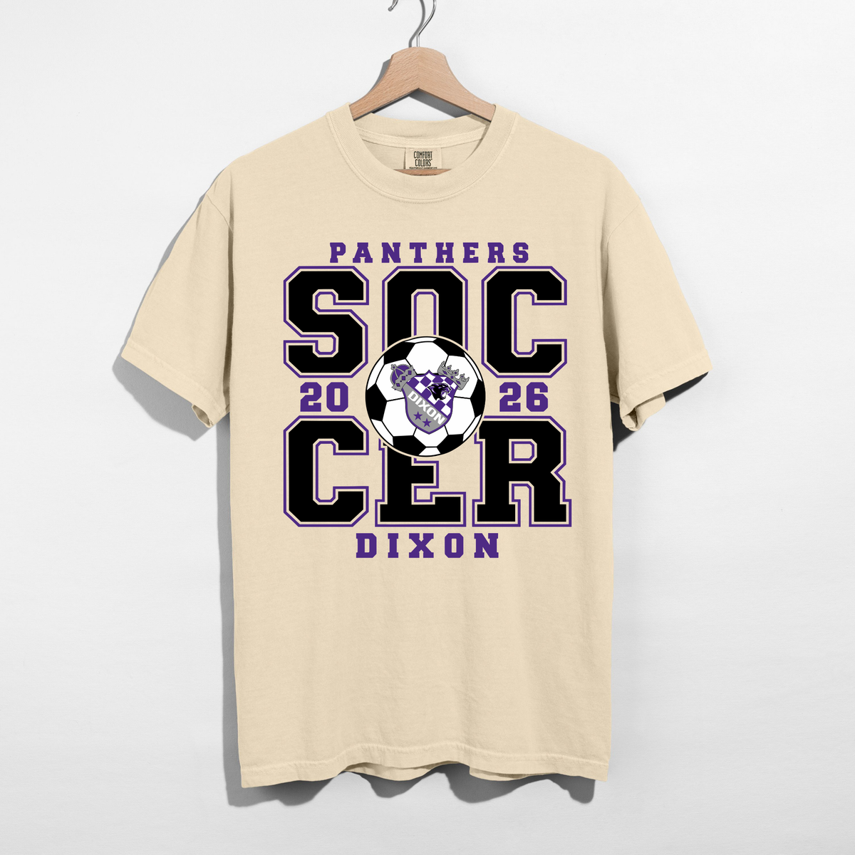 Dixon Panthers Soccer 2026 purple black and white soccer graphic tee on ivory Comfort Colors shirt