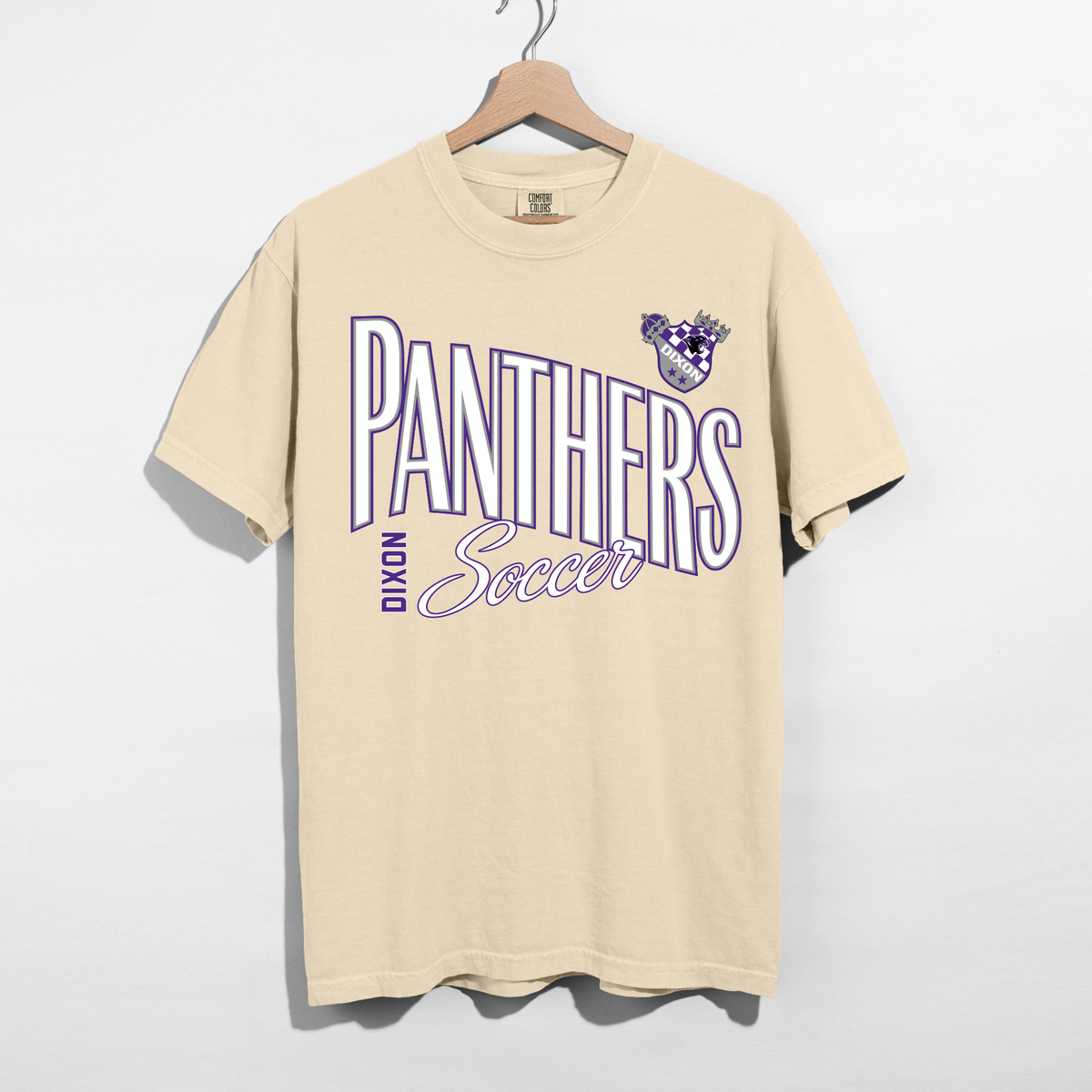 Dixon Panthers Soccer Comfort Colors shirt in ivory with purple and white retro Panthers soccer graphic
