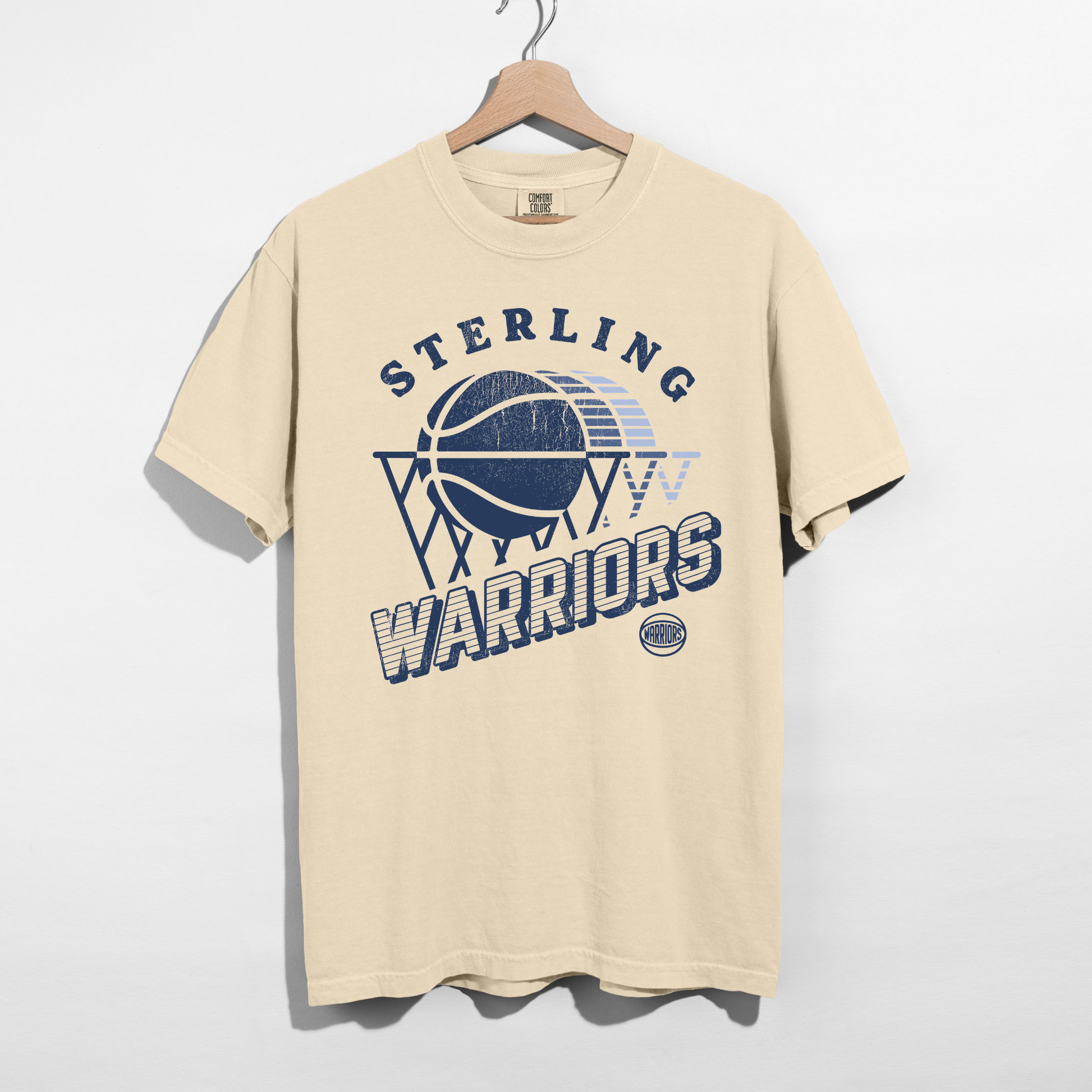 Ivory Comfort Colors Sterling Warriors basketball graphic tee with vintage distressed navy artwork.