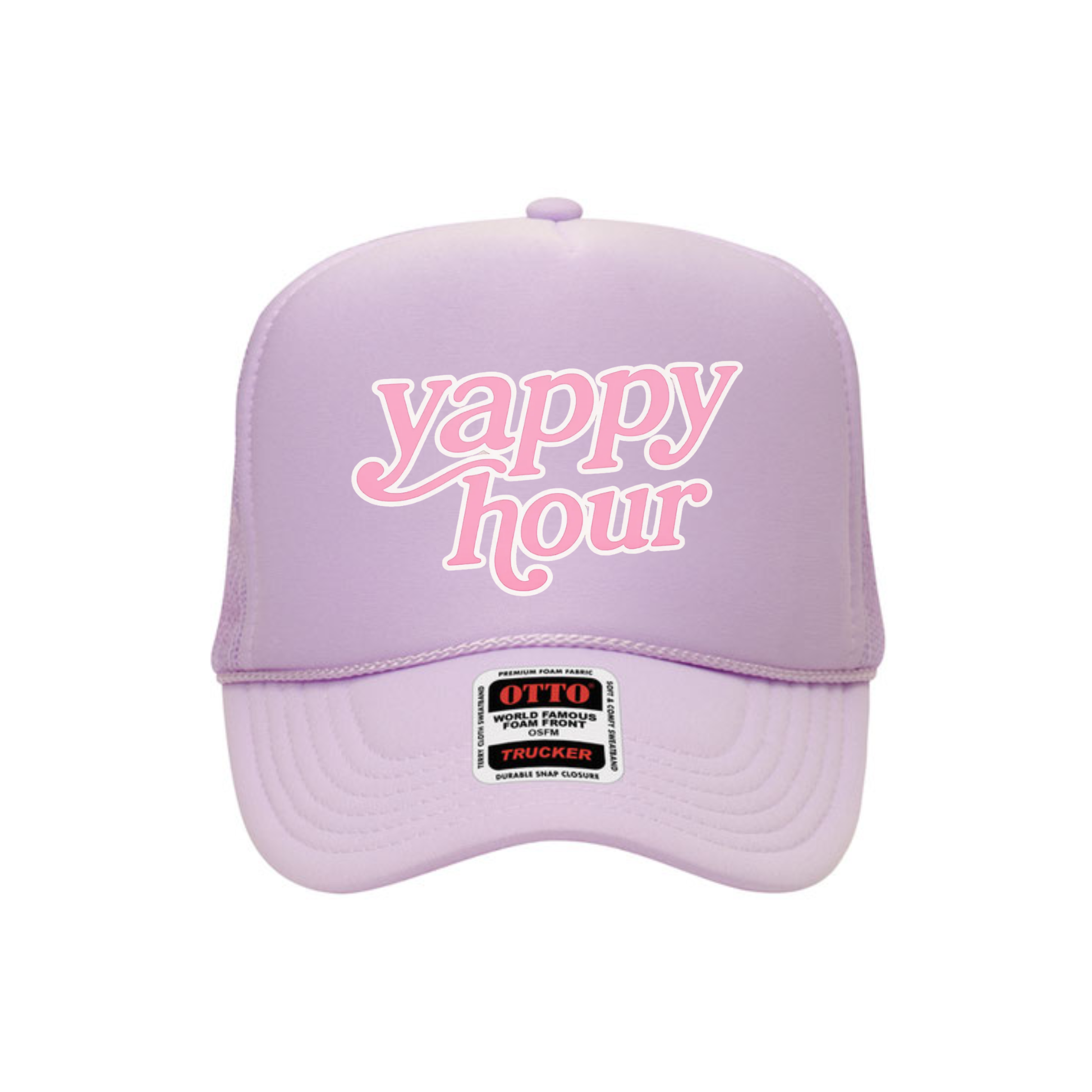 Lavender foam trucker hat with yappy hour text