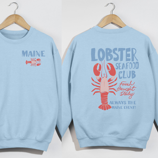 Light blue sweatshirt with lobster graphics and text on a white background