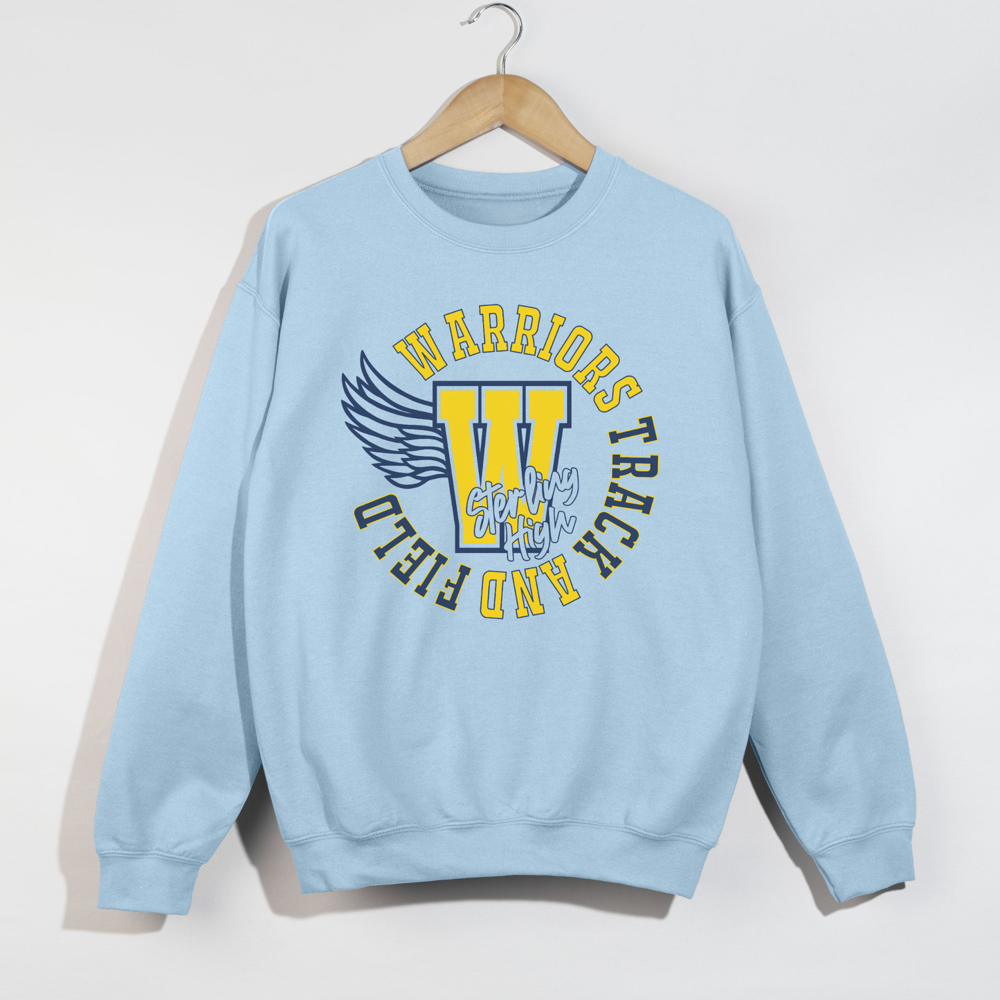 Light blue sweatshirt with 'Warriors Track and Field' design on a white background