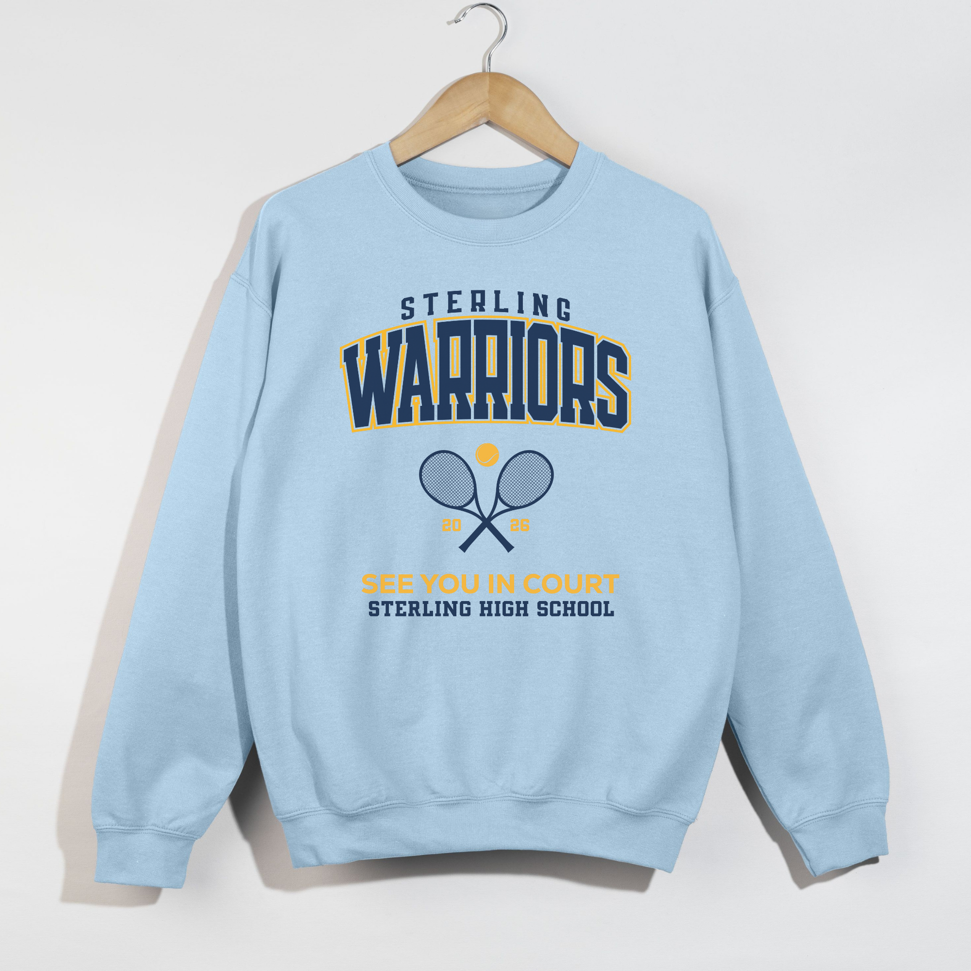 Light blue Sterling Warriors Tennis crewneck sweatshirt with collegiate lettering and tennis design
