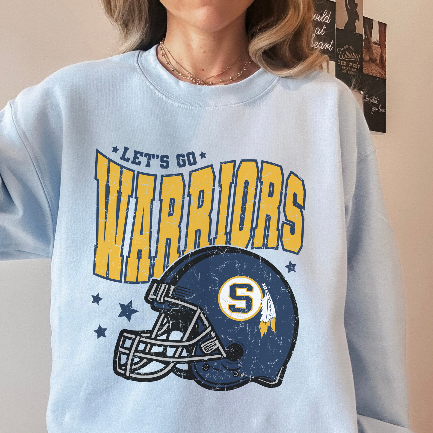 Let’s Go Warriors Football Helmet Sweatshirt | Sterling High School Game Day Crewneck
