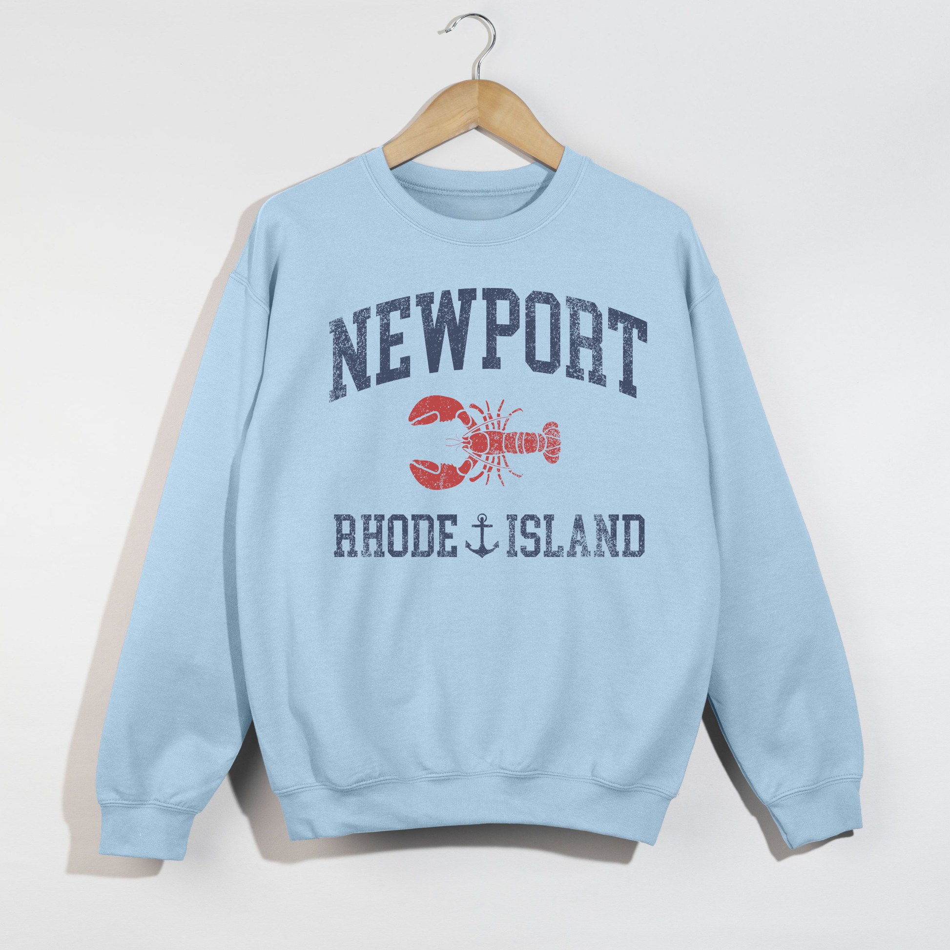 Light blue coastal Newport Rhode Island crewneck with lobster design preppy style sweatshirt