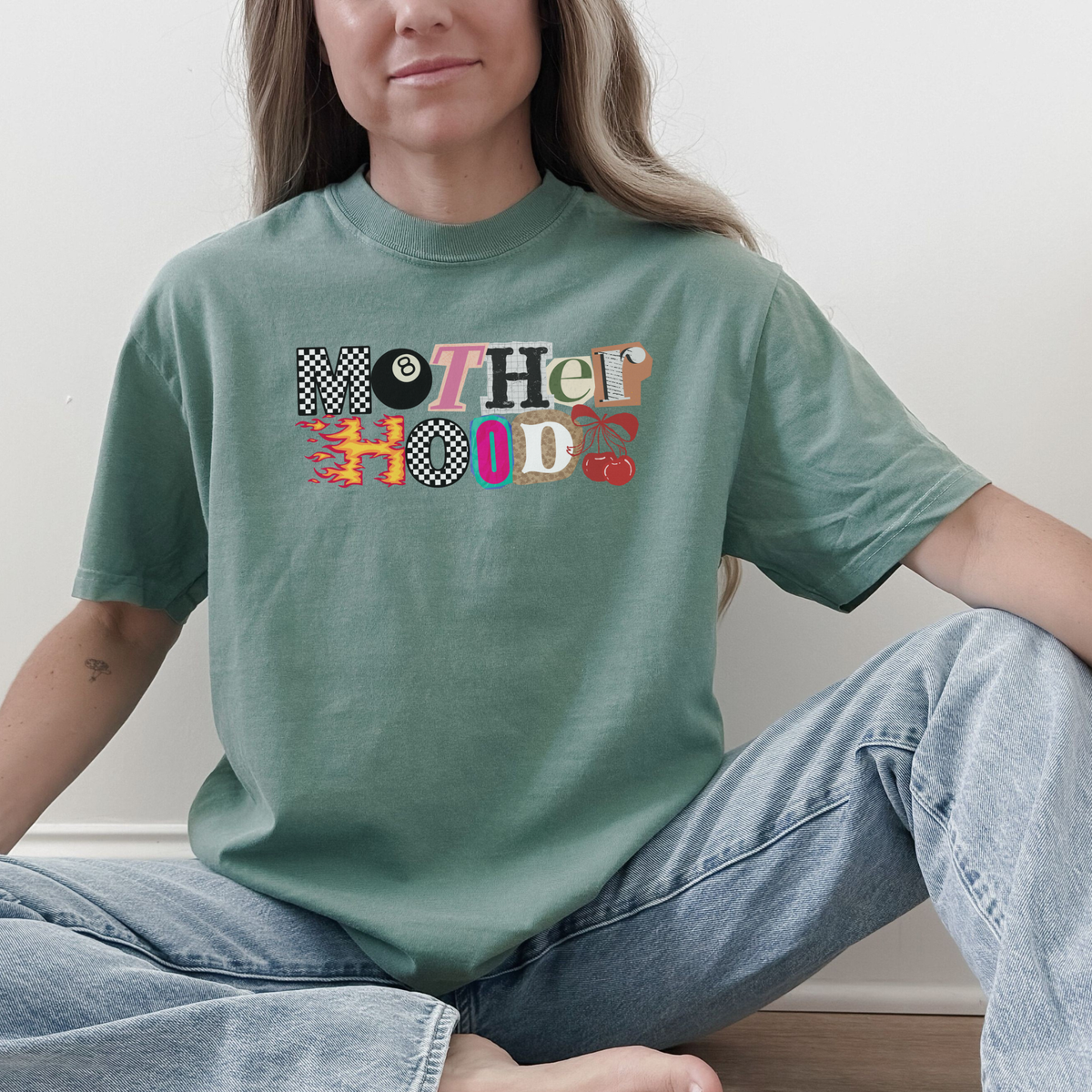 Green Mother Hood graphic tee styled with jeans – casual mom outfit