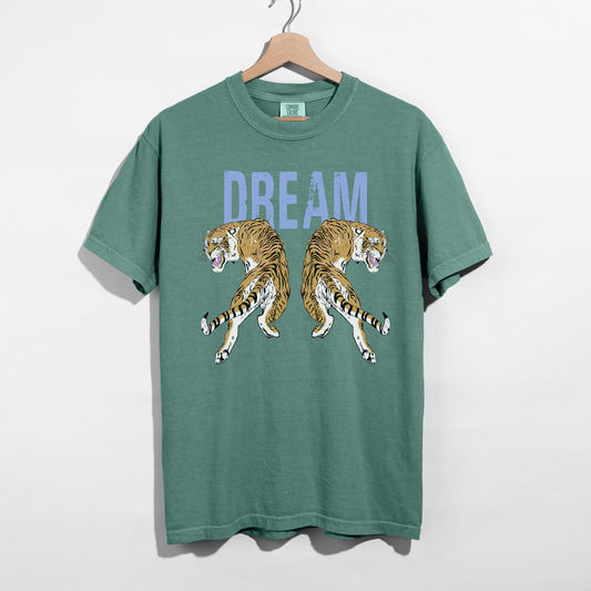 Comfort Colors bay green Dream Tiger graphic tee hanging on hanger with vintage tiger artwork