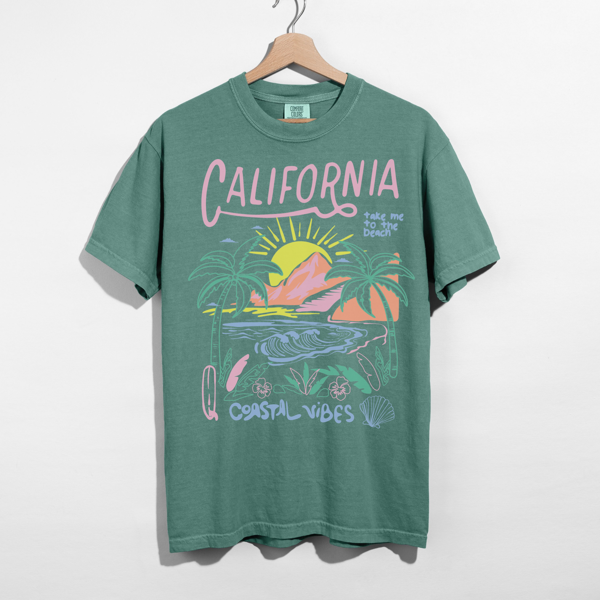 Light green California beach graphic tee with relaxed oversized fit