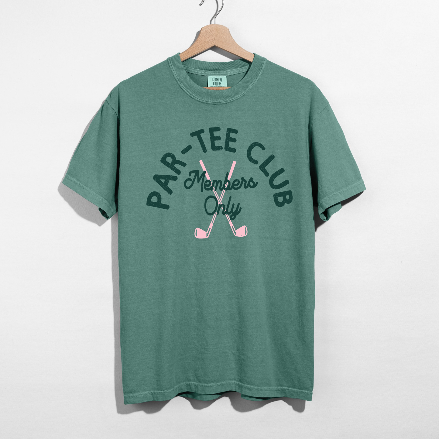 Green Par-Tee Club Members Only golf graphic t-shirt with distressed lettering and pink golf clubs.