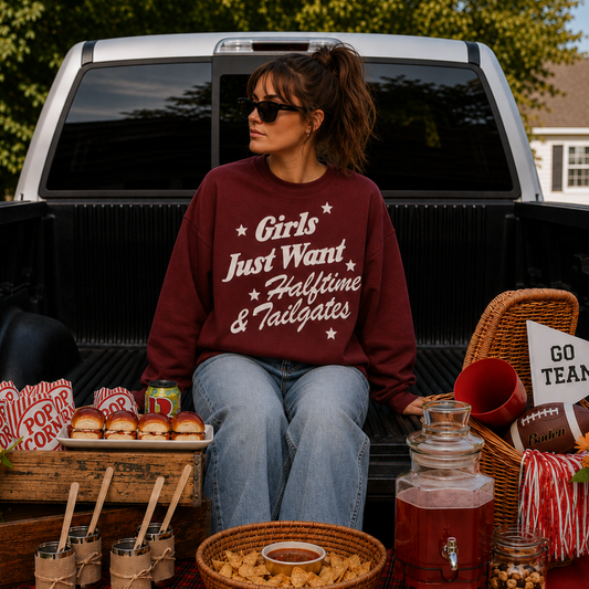 Woman wearing a maroon "Girls Just Want Halftime & Tailgates" football season sweatshirt while sitting on a truck tailgate surrounded by football snacks, drinks, and game day decorations.