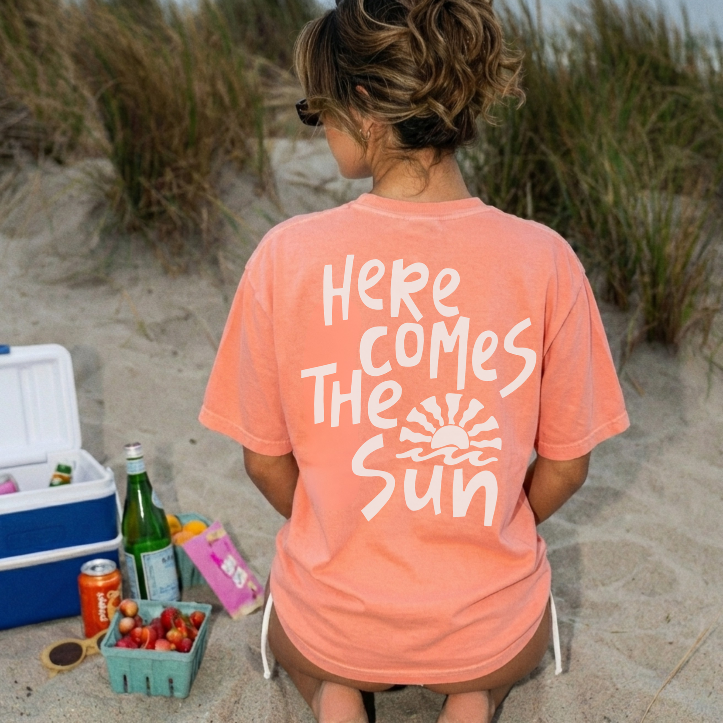 Back of melon Here Comes The Sun oversized summer graphic t-shirt with retro sun design